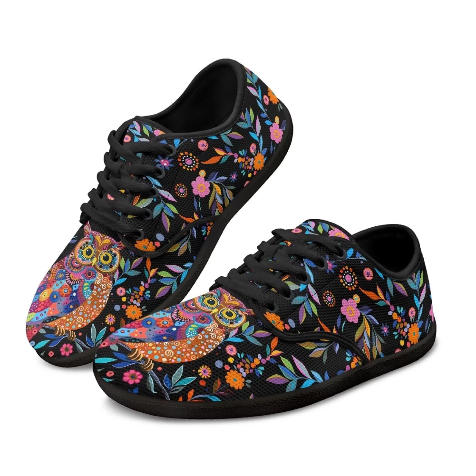 Fuxowvby Owl Barefoot Women Workout Hiking Basketball Trail Sneaker Womens Cozy Wide Toe Box Sport Zero Drop Running Sneakers Non-Slip Lightweight Black US 7