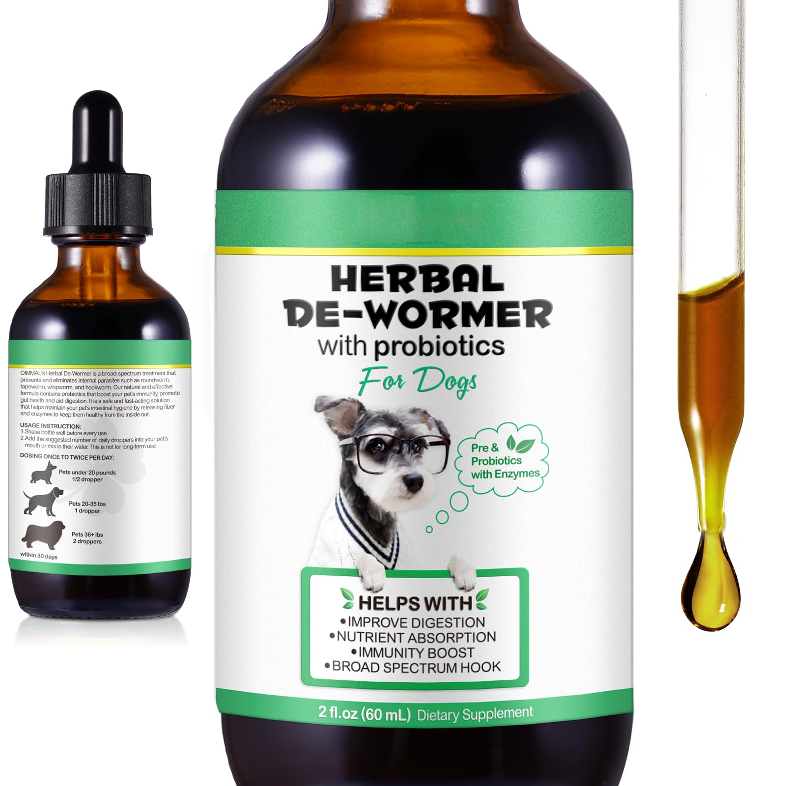Natural Dog Worming Drops, 60ml Herbal Digestive Drops Wormer for Dogs, Suitable for Large Medium Small Dogs & Puppies, 100% Natural Daily Support for Digestive and Immune Health