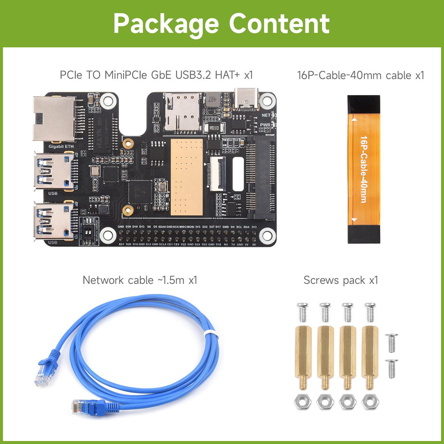 Waveshare PCIe to MiniPCIe/Gigabit Ethernet/USB 3.2 Gen1 Hat+ Compatible with Raspberry Pi 5, Supports Multiple OS and MiniPCIe Interface 4G Module (Without SIM7600G-H-PCIE),High-Speed Networking