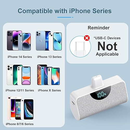 Miniatura 10 de Cargador portátil pequeño para iPhone de 5200 mAh, cargador compacto de carga rápida PD de 20 W, pantalla LCD, bonito cargador de teléfono portátil