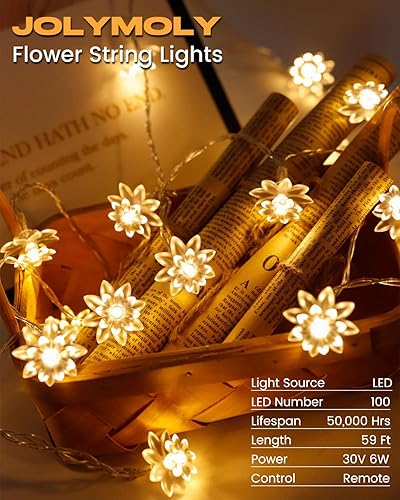 Miniatura 2 de JOLYMOLY Guirnalda de luces de flores de 59 pies, 100 luces LED enchufables con temporizador remoto, luces parpadeantes conectables para dormitorio,