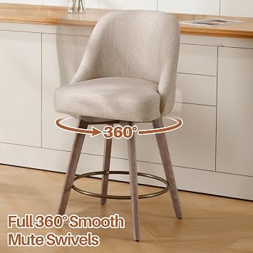 Bekrvio Counter Height Bar Stools Set of 2, Mid-Century Modern Swivel Barstools with Back and Wood Legs, Linen Fabric Upholstered Chairs 65CM Seat Height Counter Stools (Linen Sand, 2PCS)