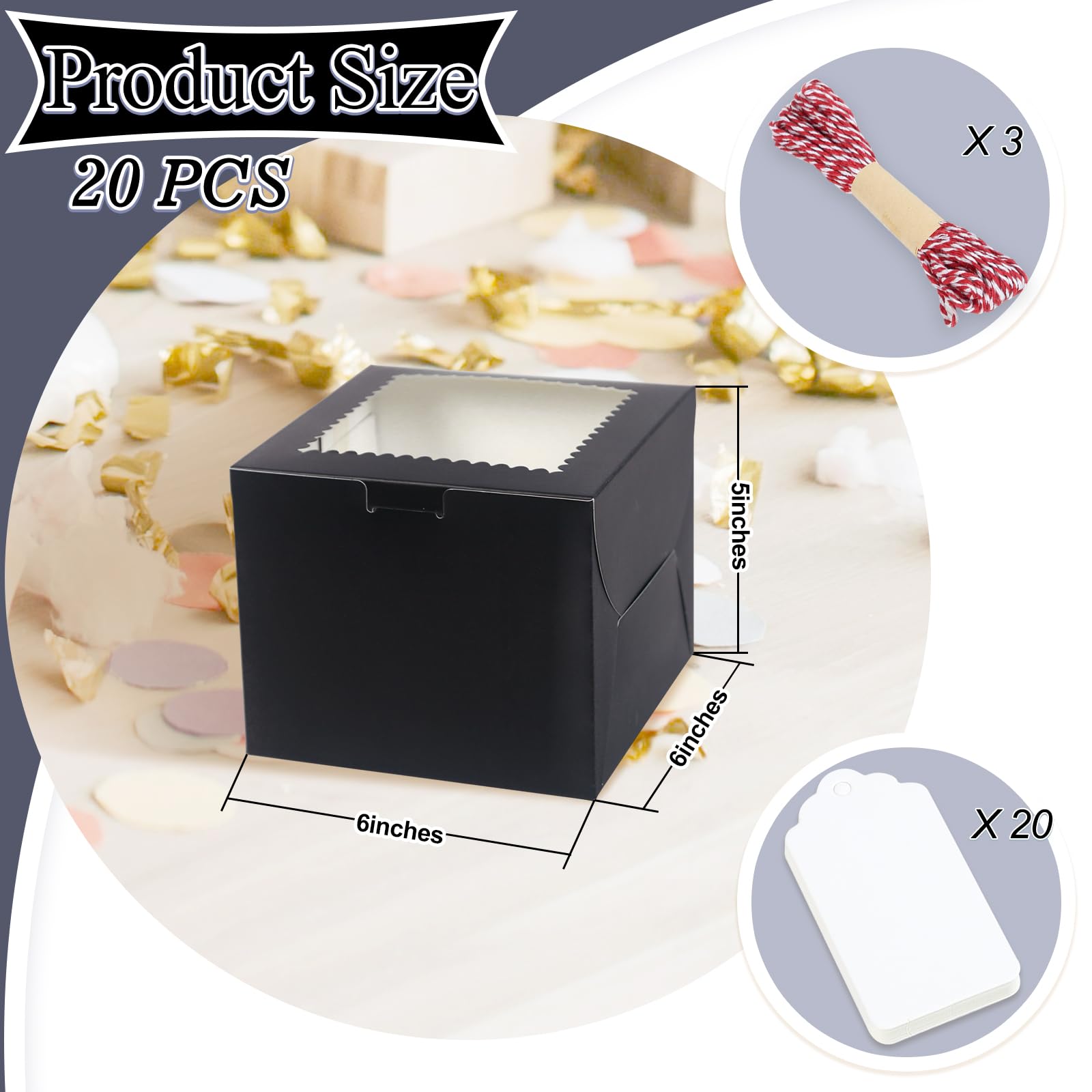 Mini-Kuchenboxen mit Fenster, 15,2 x 15,2 x 12,7 cm, schwarze Backboxen, kleine 4 Cupcake-Boxen, Kuchenverpackung für Gebäck, Kekse, Pralinen, Cupcakes, Geburtstagsparty, Hochzeit, 20 Stück