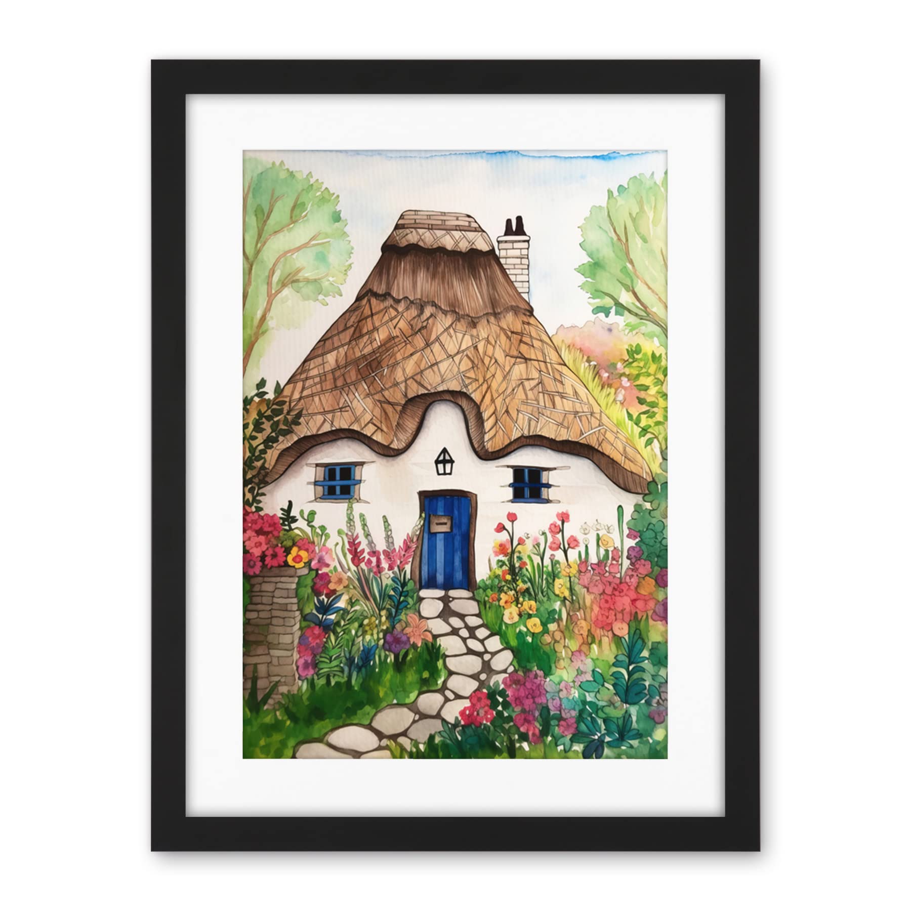 Artery8 The Cottage In The Forrest Flowers Folk Art Artwork Framed Wall Art Print 18X24 Inch