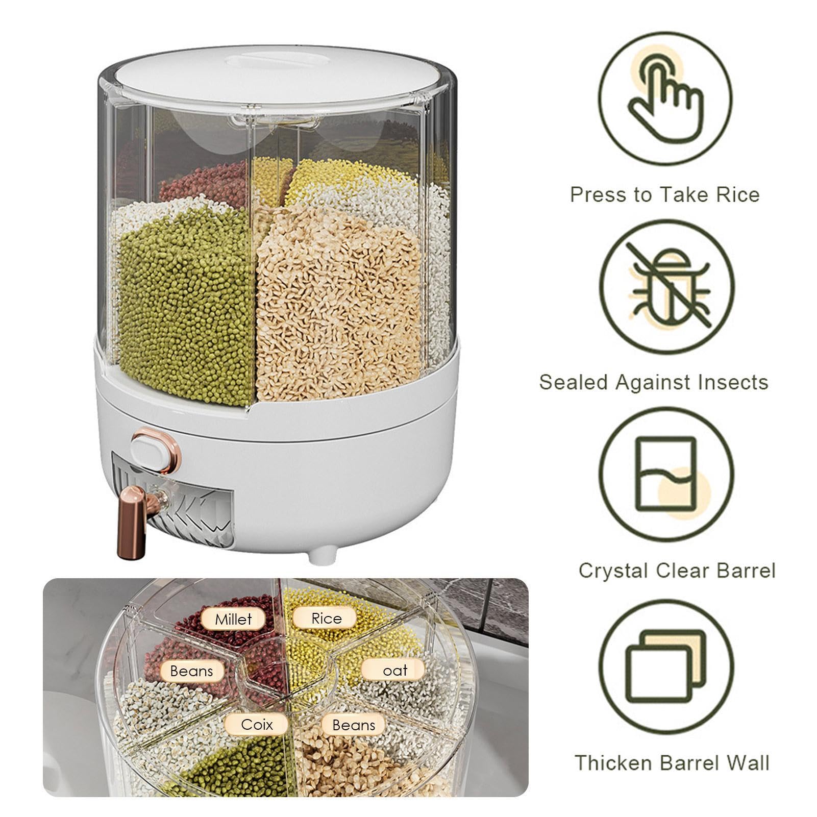 Contenedor de arroz | Dispensador de granos giratorio de 360° | Contenedor de almacenamiento de arroz con 6 compartimentos | Tapa extraíble | Dispensador de almacenamiento de lentejas