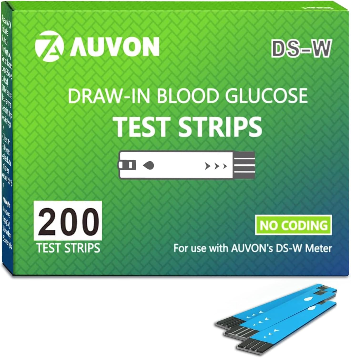 AUVON DS-W Draw-in Blood Glucose Test Strips for use with AUVON DS-W Diabetes Sugar Testing Meter (No Coding Required, 200 Count)