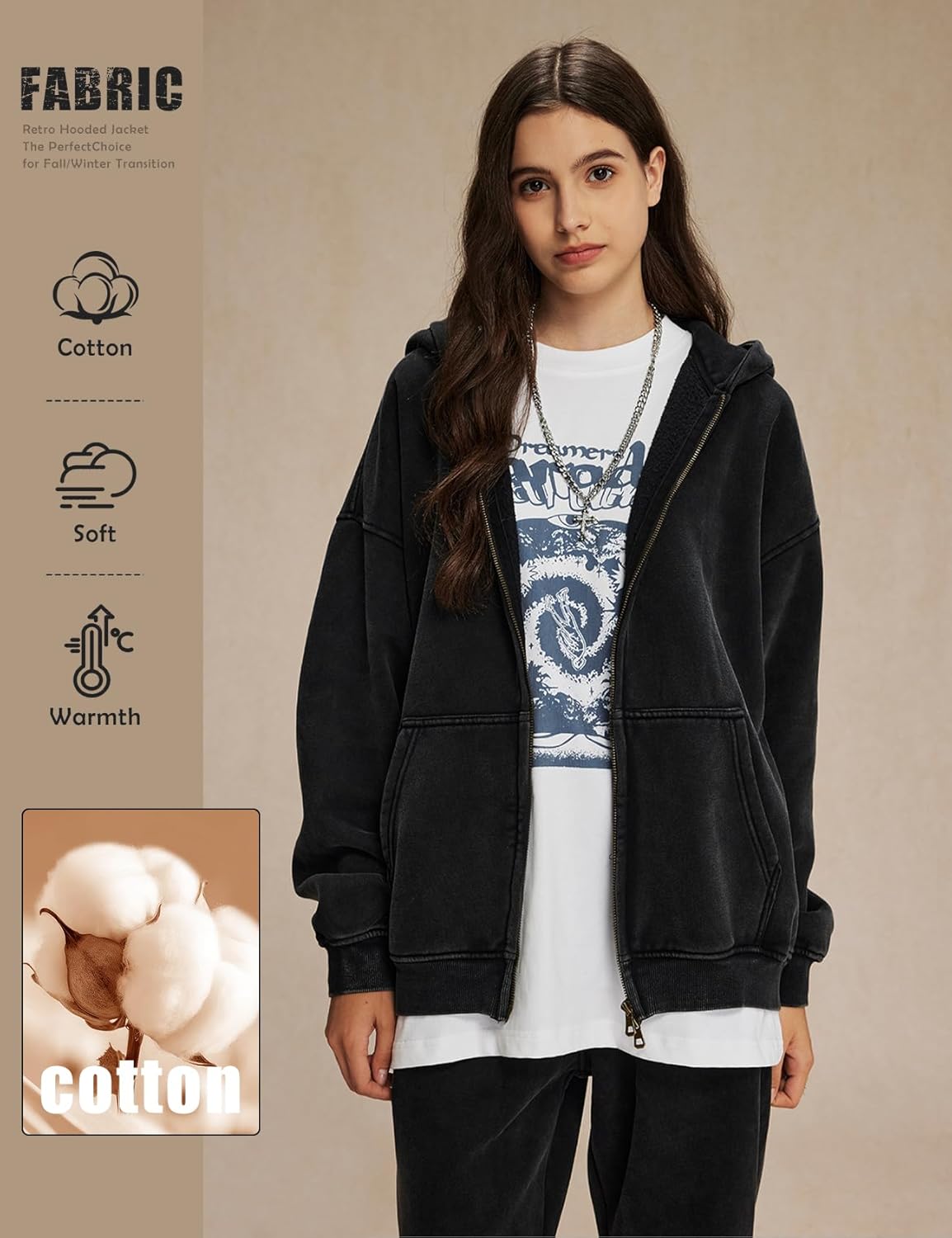 Wyeysyt Women Zip Up Hoodie Oversized Acid Wash Vintage Fleece Sweatshirt Heavyweight Cotton Casual Jackets(Black-L) - Image 5