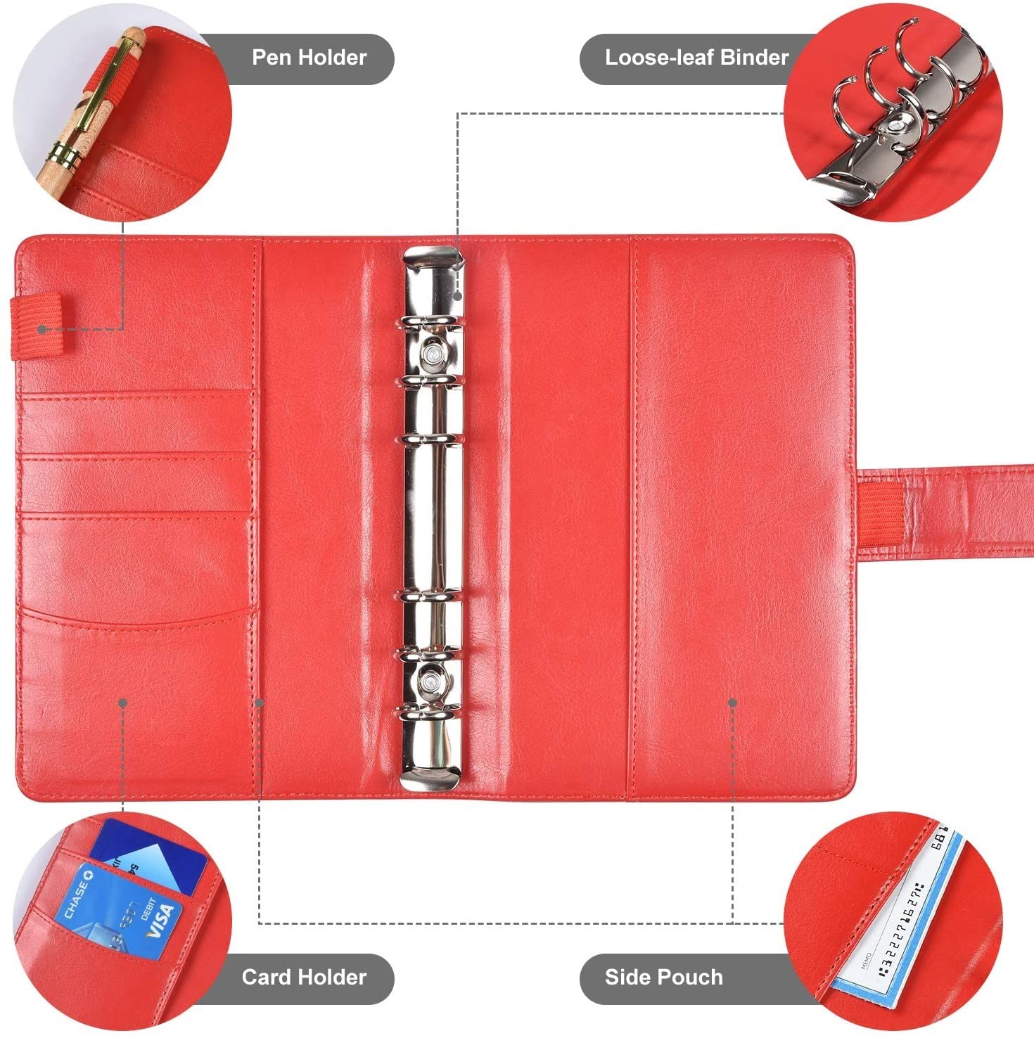 JFDBGU A6 Tasche for raccoglitori in plastica con Copertura del Raccoglitore for Notebook in Pelle, a 6 Anelli Bilanke Binder di Busta con Cerniera a Foglia Sciolta