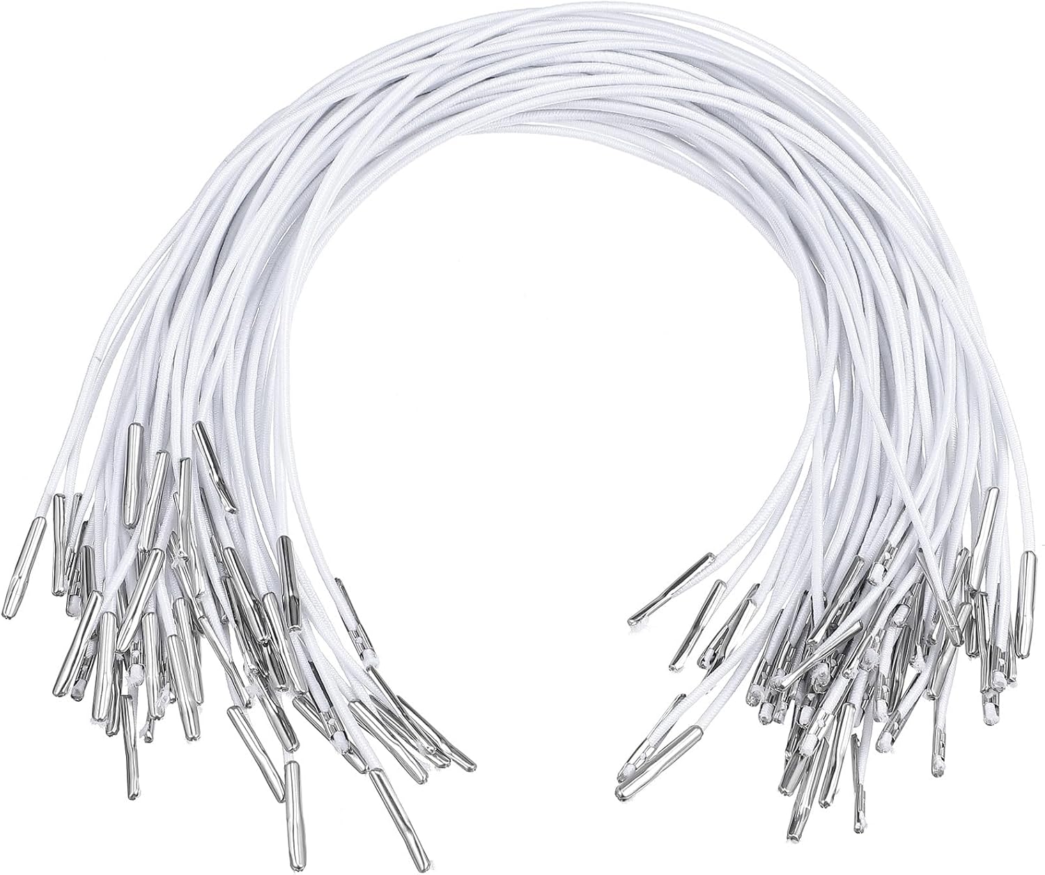 TOYANDONA 150pcs Elastic Cords with Metal Ends - 11 Inch White Elastic Barbed Cord Soft Stretch String Craft Thread String for Mask Making DIY Party Hat Menus Book Binding Badges Signs