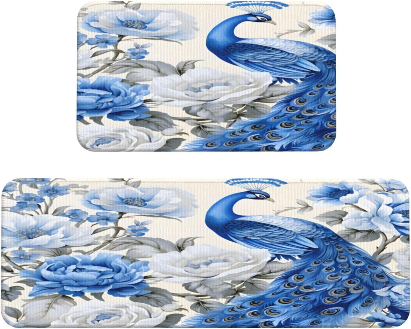 Peacock Blue Feather Kitchen Rugs Mats Set of 2 Pcs Non-Slip Floor Mats Washable Runner Rugs Set for Bathroom Laundry Hallway Kichen Comfort Standing Mat