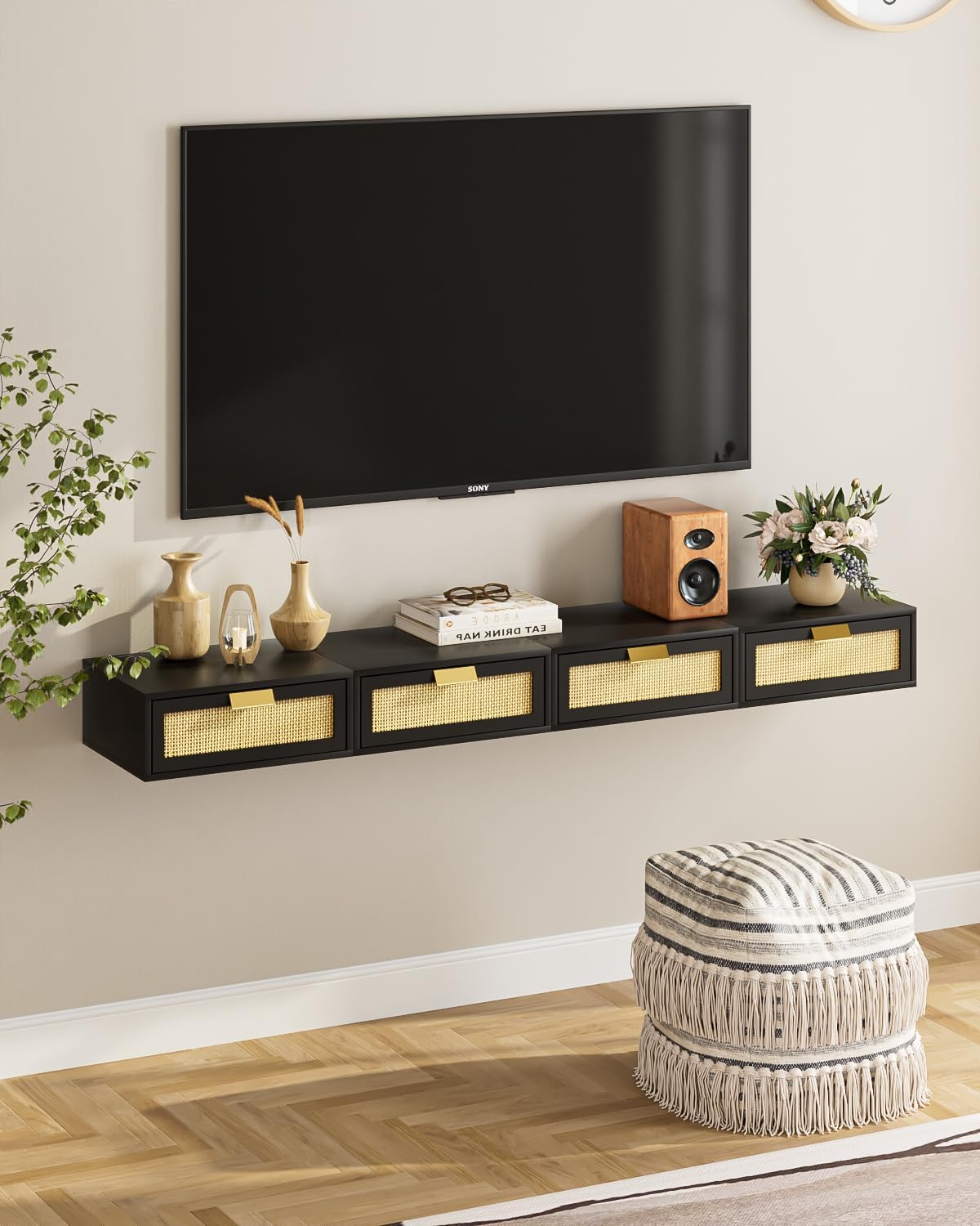 Floating Nightstand, Floating Shelf with Drawer, Wall Mounted Nightstand, Floating Bedside Table (Black Rattan)