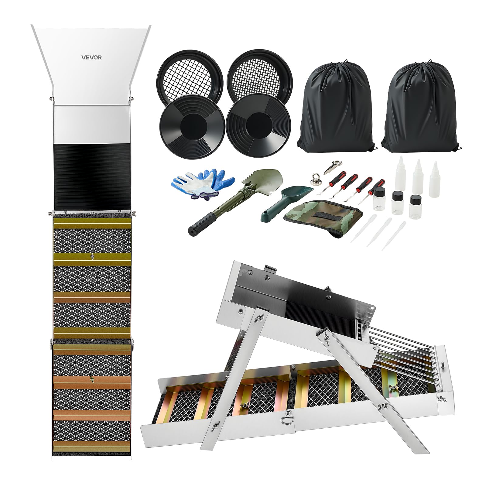 VEVOR Kit per Ricerca dell'Oro Highbanker Pieghevole 3 in 1 da 1270mm, Kit di Prospezione Classificazione Oro Attrezzature Minerarie Portatili da 26pz con Setacci Oro Magneti Zaino e Altri Accessori