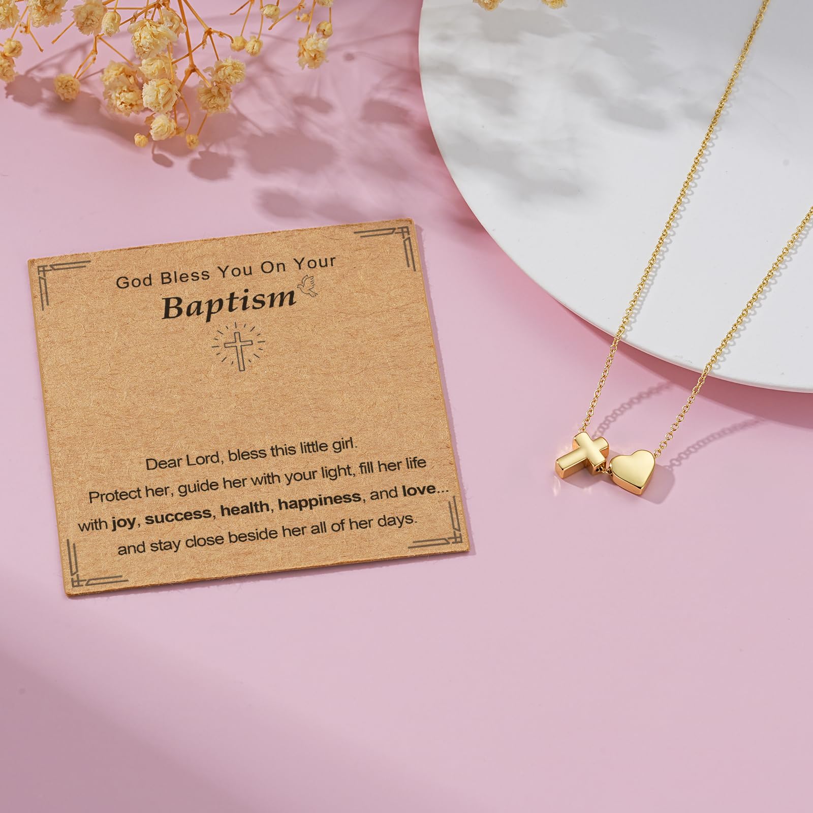 ESPVO Confirmation First Communion Baptism Gifts for Girls, 14K Gold Plated Heart Cross Necklace for Daughter Granddaughter Niece Sister Christian Religious Gifts 16+3 Inches - 4