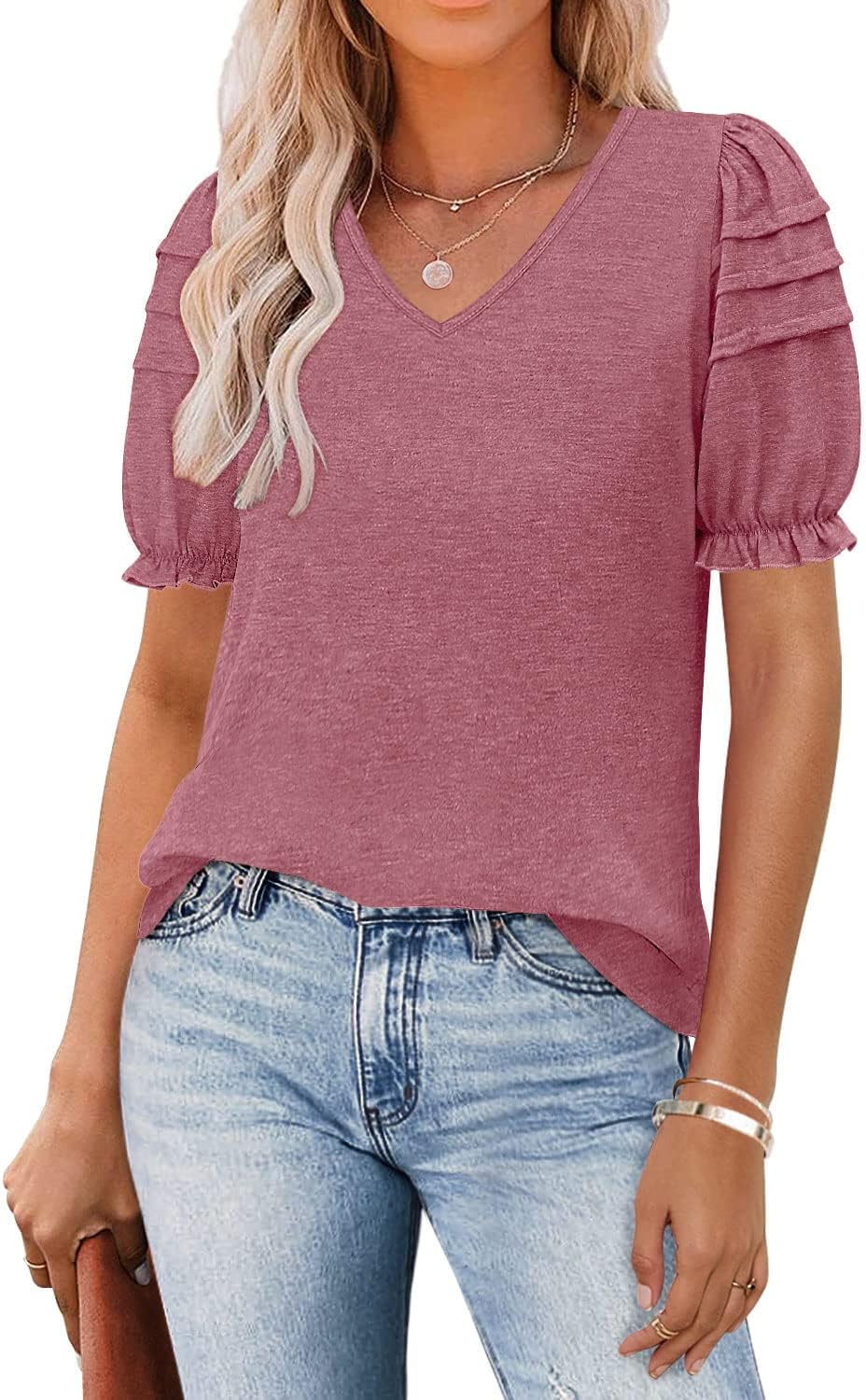 MIHOLLWomens Summer Tops V Neck Ruffle Puff Short Sleeve Causal Tee T-Shirts