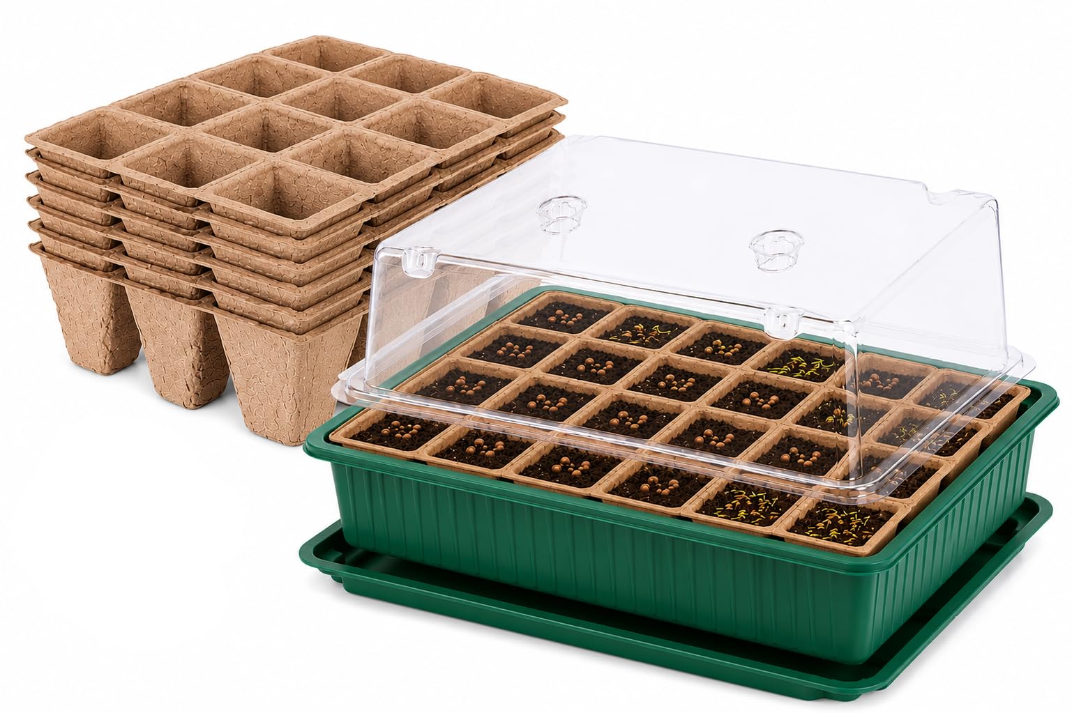 Muddy Hands Seed Tray Propagator Set with 6 Additional Biodegradable Inserts & Humidity Dome Lid – Indoor Greenhouse Seed Starter Kit with Drip Tray for Growing Seeds, Herbs, Flowers & Vegetables