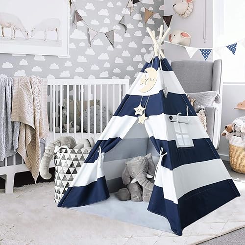 Vista 16 de Tienda de campaña tipi para niños para interiores y exteriores, tienda de campaña tipi de lona, tipi de rayas grises Tipi de rayas grises,Azul