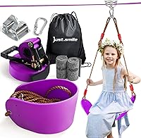 Just.smile Kids Zipline Kit with 60ft Slackline, Stainless Steel Double Bearings, Backyard Pulley Slider & Swing Seat for Family Adventures