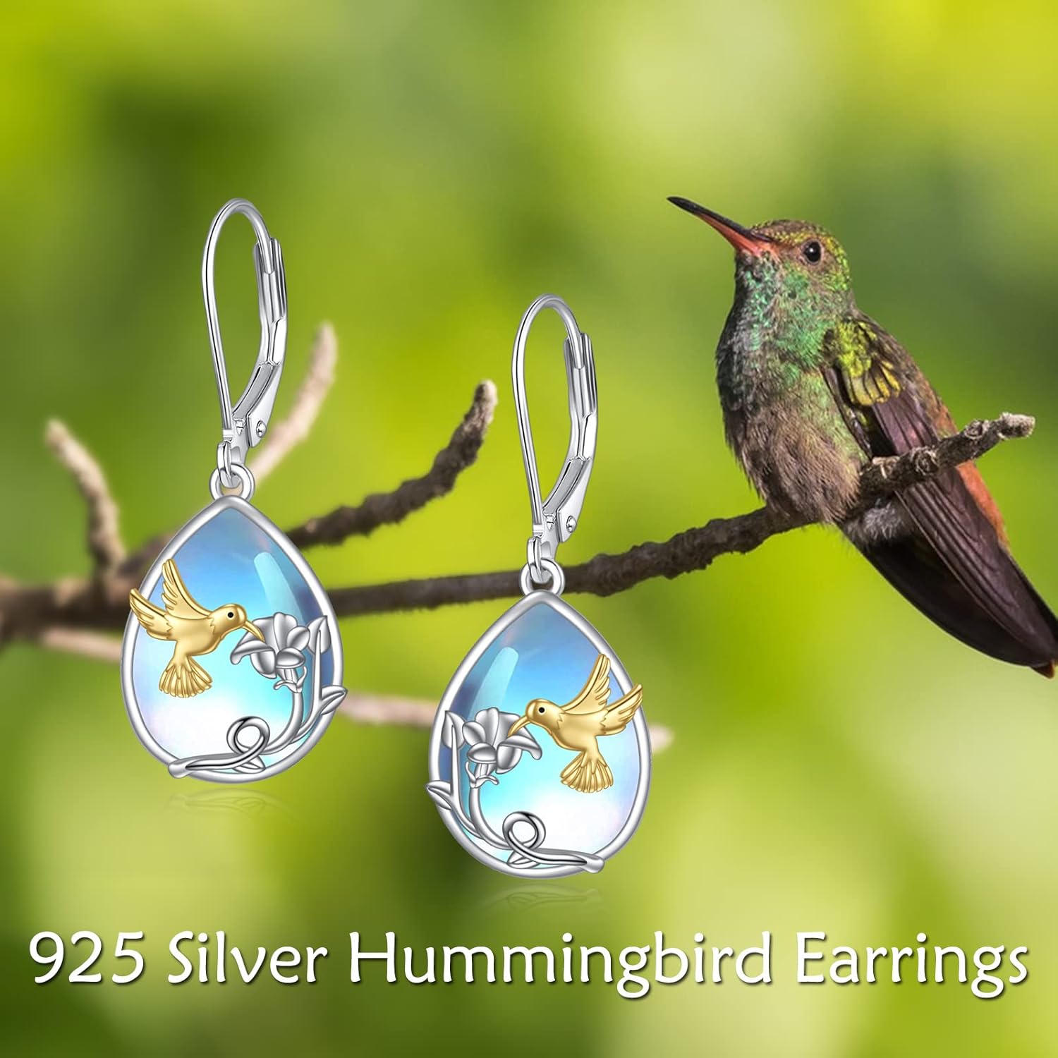 YFN Bee/Flower/Hummingbird Bird Moonstone Earrings 925 Sterling Silver Teardrop Dangle Hypoallergenic Leverback Earring for Women - Image 5
