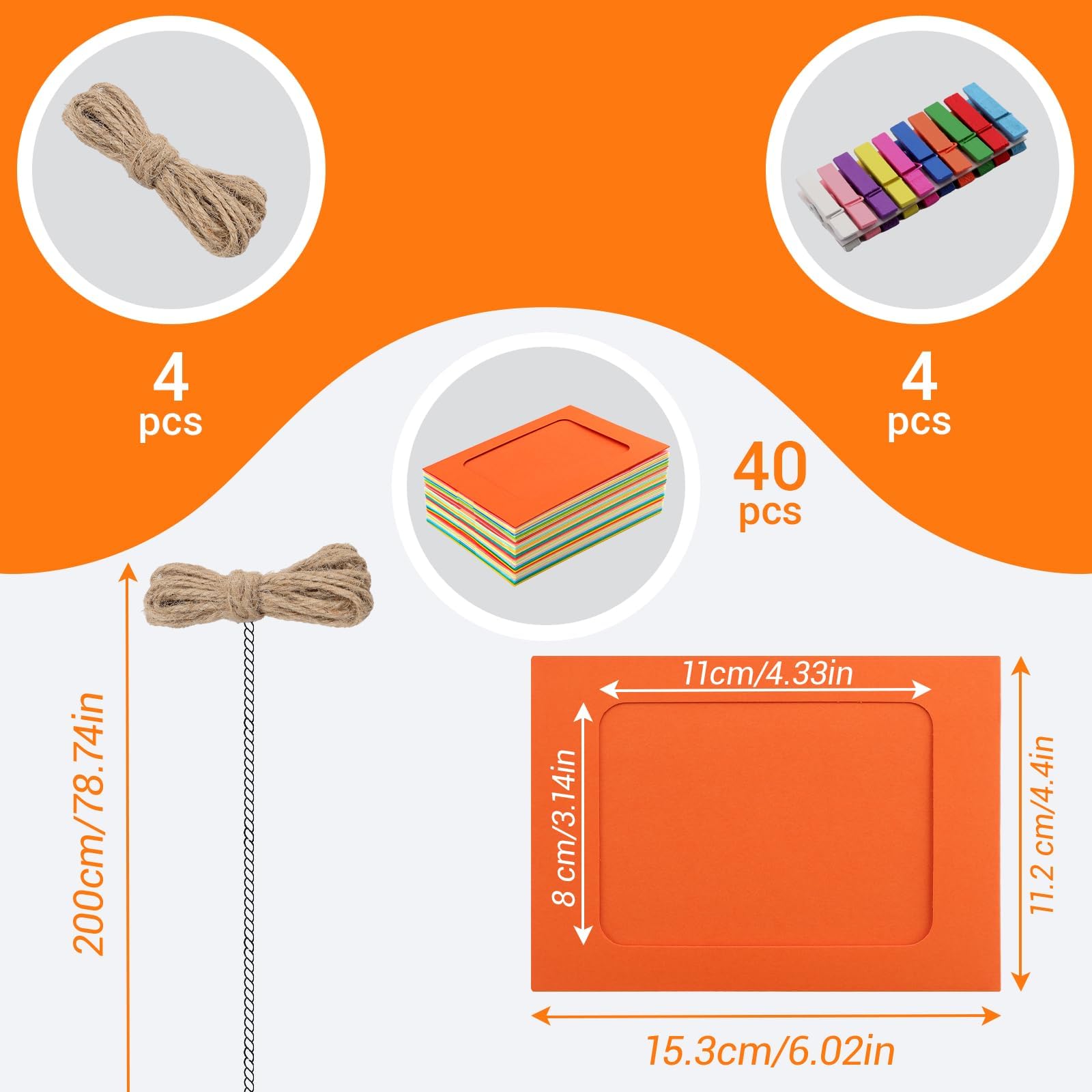 Mbsomnus 40 sztuk girlandy na zdjęcia 10 x 15 cm, papierowe ramki na zdjęcia z klamerkami, kolorowa z 40 drewnianymi klamerkami, 4 sztuki liny konopnej, kartonowe ramki na zdjęcia 15 cm, do