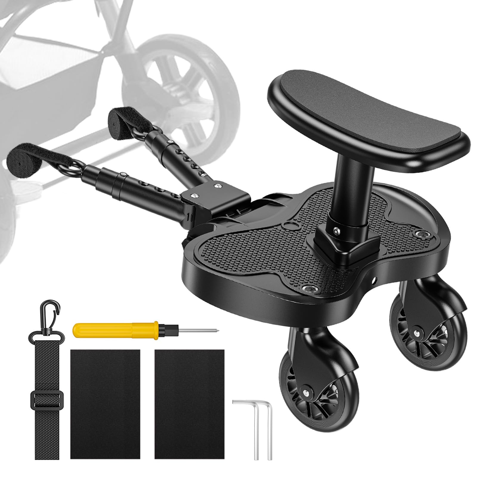Buggy Board mit Sitz, Trittbrett für Kinderwagen Universal für Kinder von 2-6 Jahren, Trittbrett Kinderwagenzubehör max. Belastung von 25kg, schwarze Räder