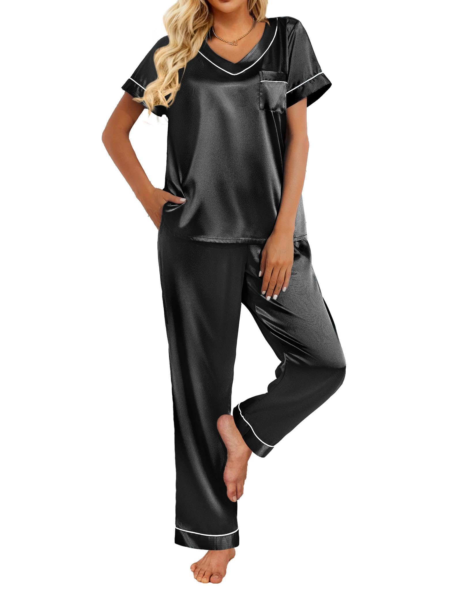 Ekouaersatin Pajamas For Women Short Sleeve Silk Pajama Sets Soft