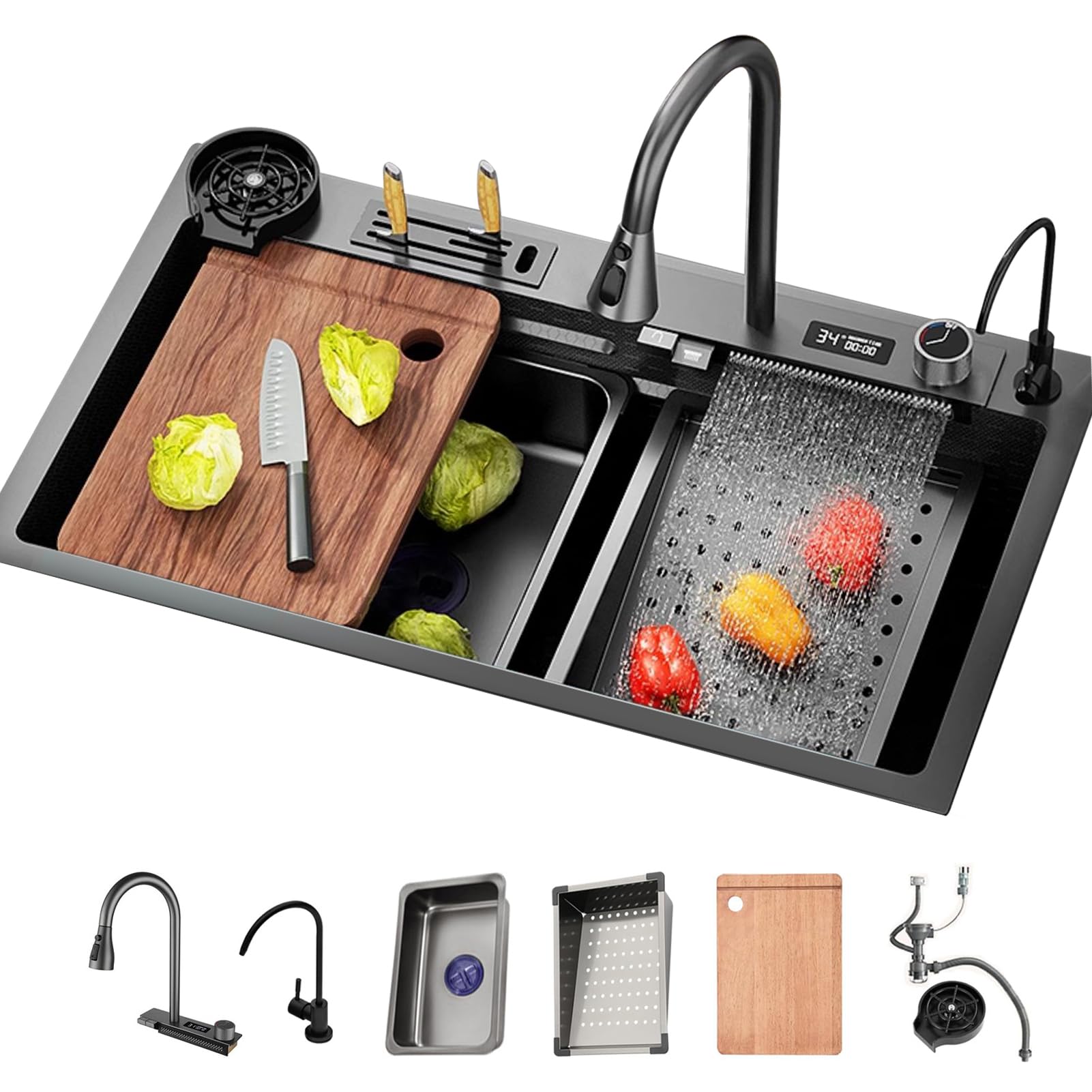 Évier de cuisine anti-calcaire avec robinet cascade et cuve nano 75cm