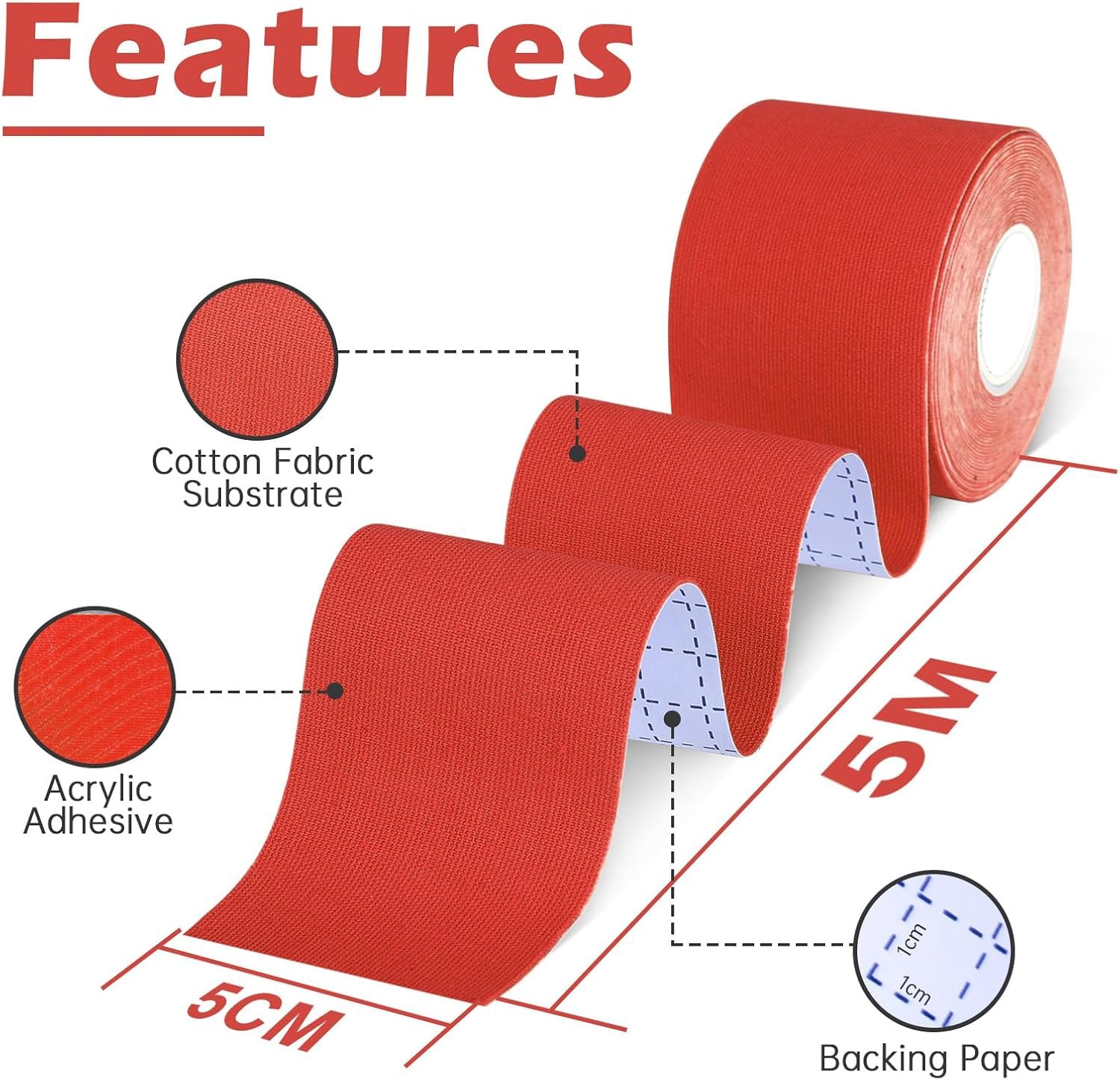 Beflix® Kinesiology Tape for Physiotherapy, Sports Injury, Pain Relief Muscle Tape, for Shoulder, Wings, Arms, Ankle K Taping Waterproof Athletic Tape for Pain Support (5 m X 5 cm) (Red) - Image 3 thumbnail