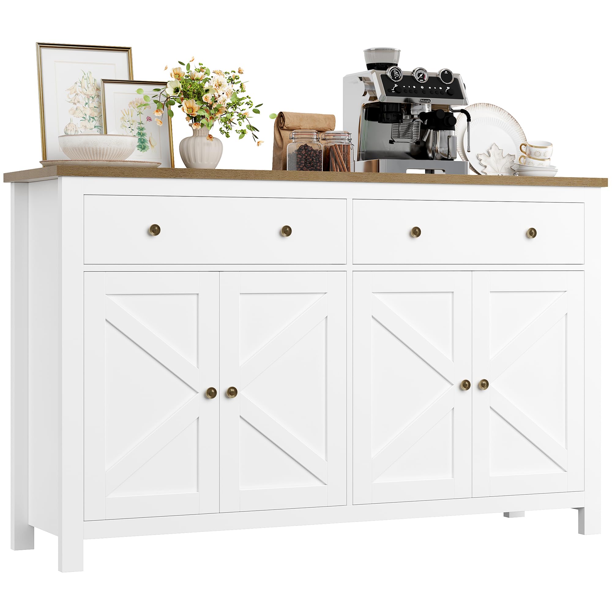 FirFurd Aparador Cocina Aparador Comedor Grande 2 Cajones 4 Puertas Blanco | Mueble Auxiliar de Cocina, Mueble Aparadores Salon con Encimera, 2 Estantes Ajustables 140x40x89cm