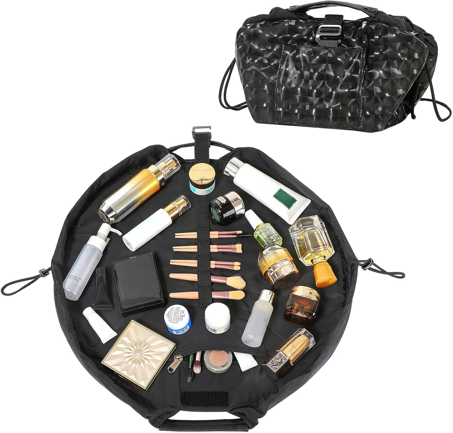 Vomgomfom 20 inch Drawstring Makeup Bag Open Flat,Waterproof Magic Cosmetic Pouch for Women,Tartan