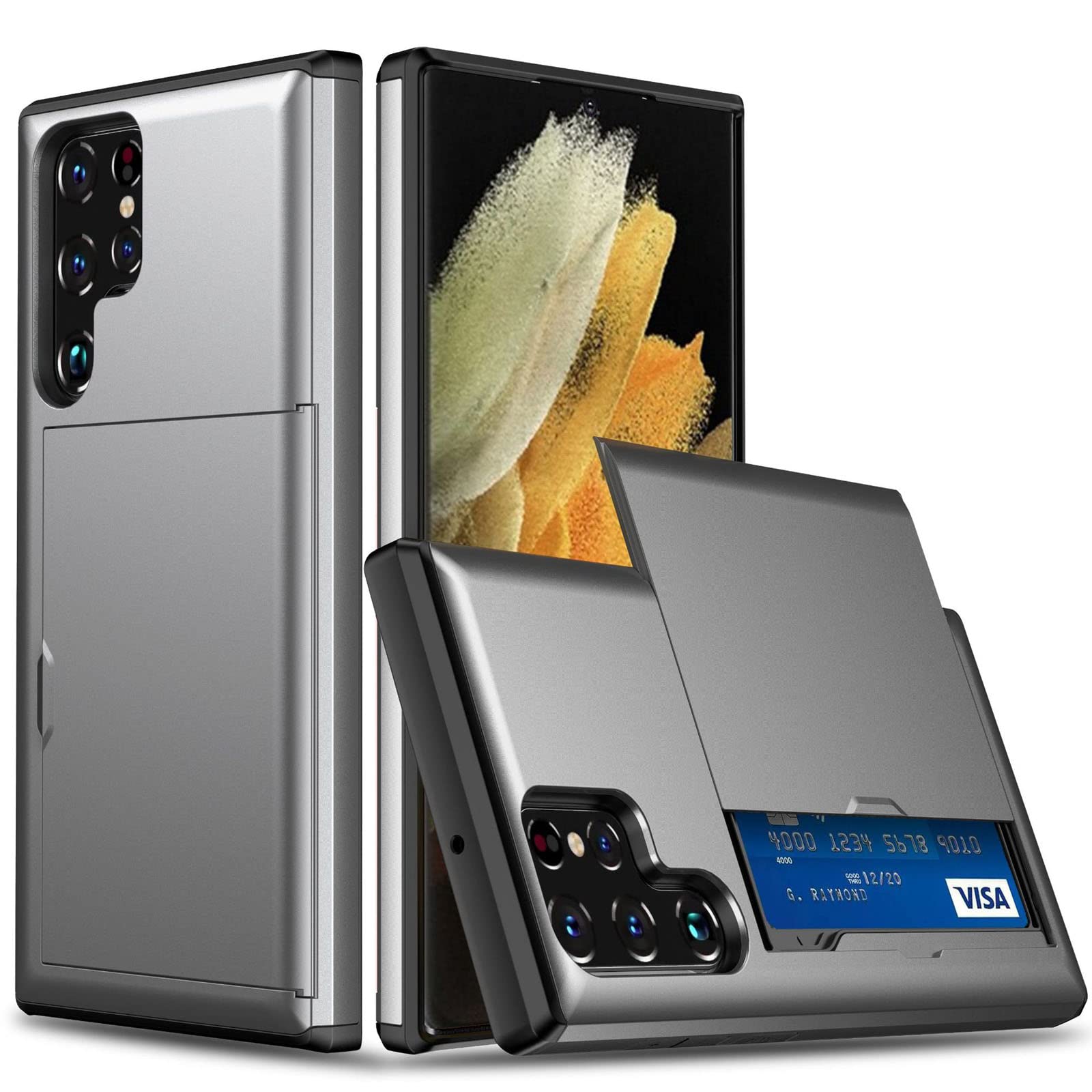 Funda per Samsung Galaxy S22/S22+/S22 Ultra, Estuche Billetero De Premium Carcasa Trasera con Ranura para Tarjeta Case Nti-Rasguño Anti-Huella Estuche,Plata,S22 Ultra 6.8"