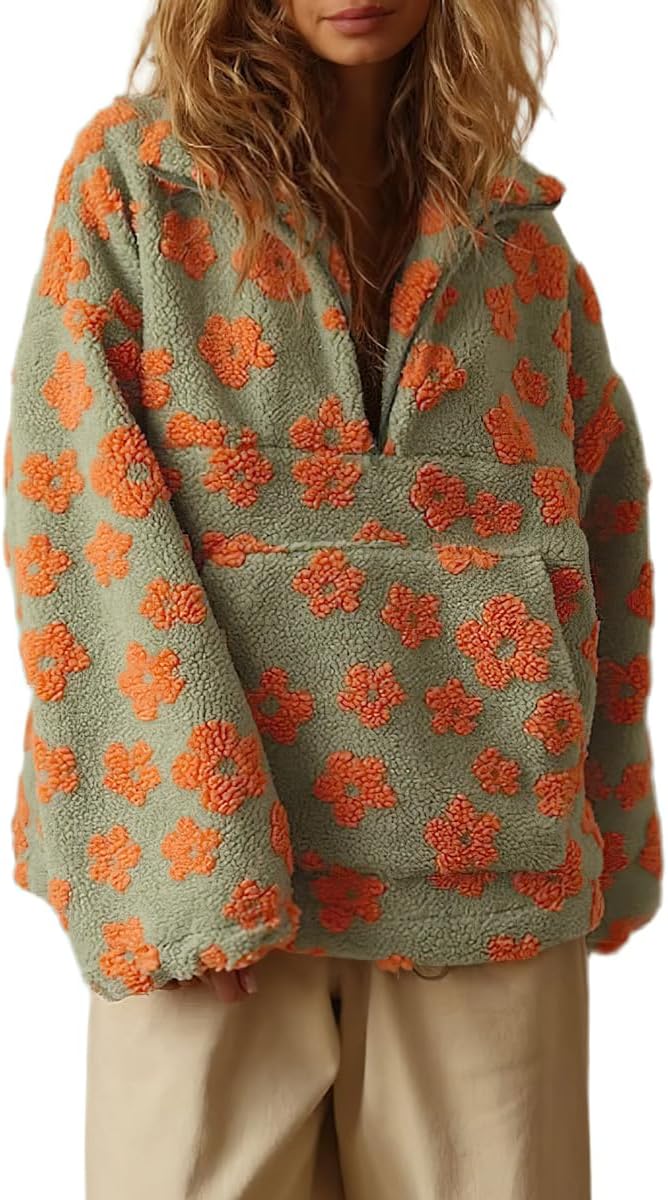 chouyatou Women's Fall Cute Floral Faux Fur Pullover Fleece Sweatshirt Y2k Casual Zip Up Winter Sherpa Jacket