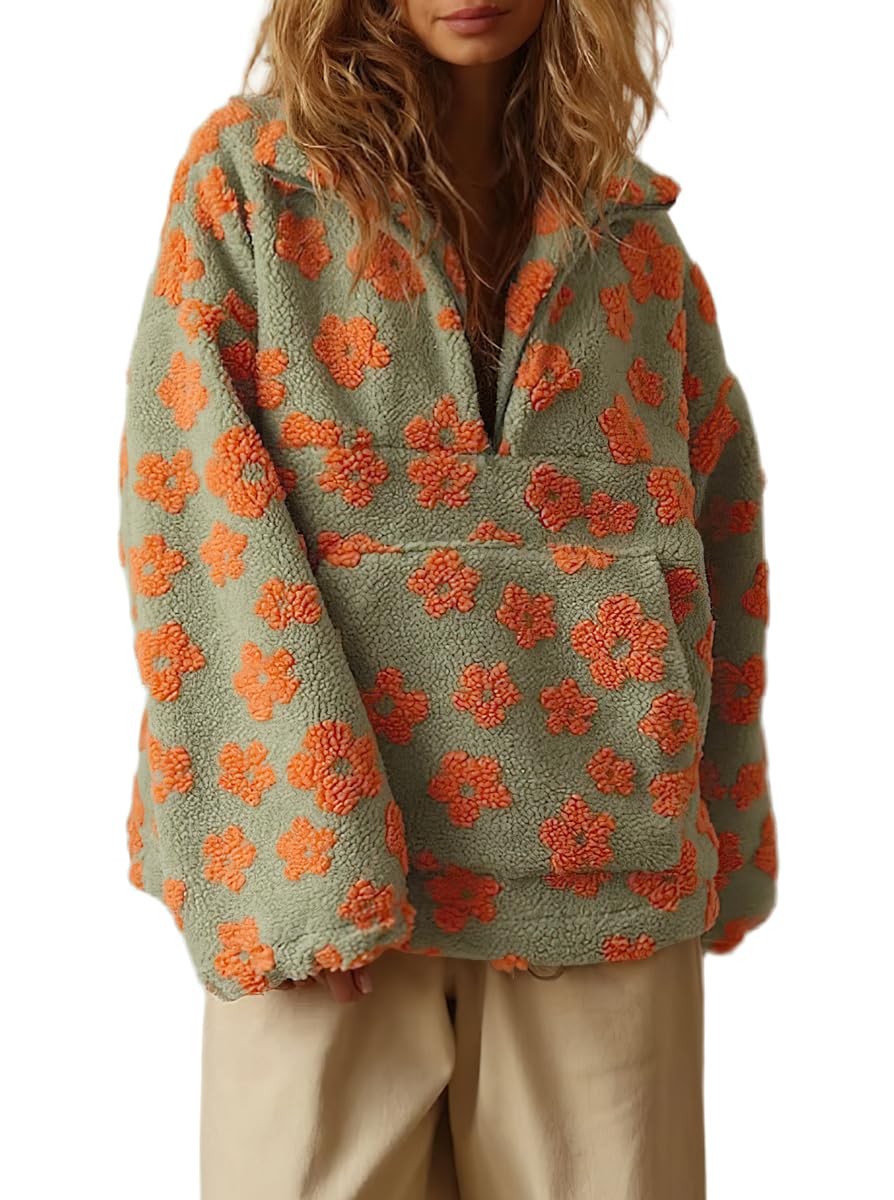 chouyatou Women's Fall Cute Floral Faux Fur Pullover Fleece Sweatshirt Y2k Casual Zip Up Winter Sherpa Jacket-picture-27
