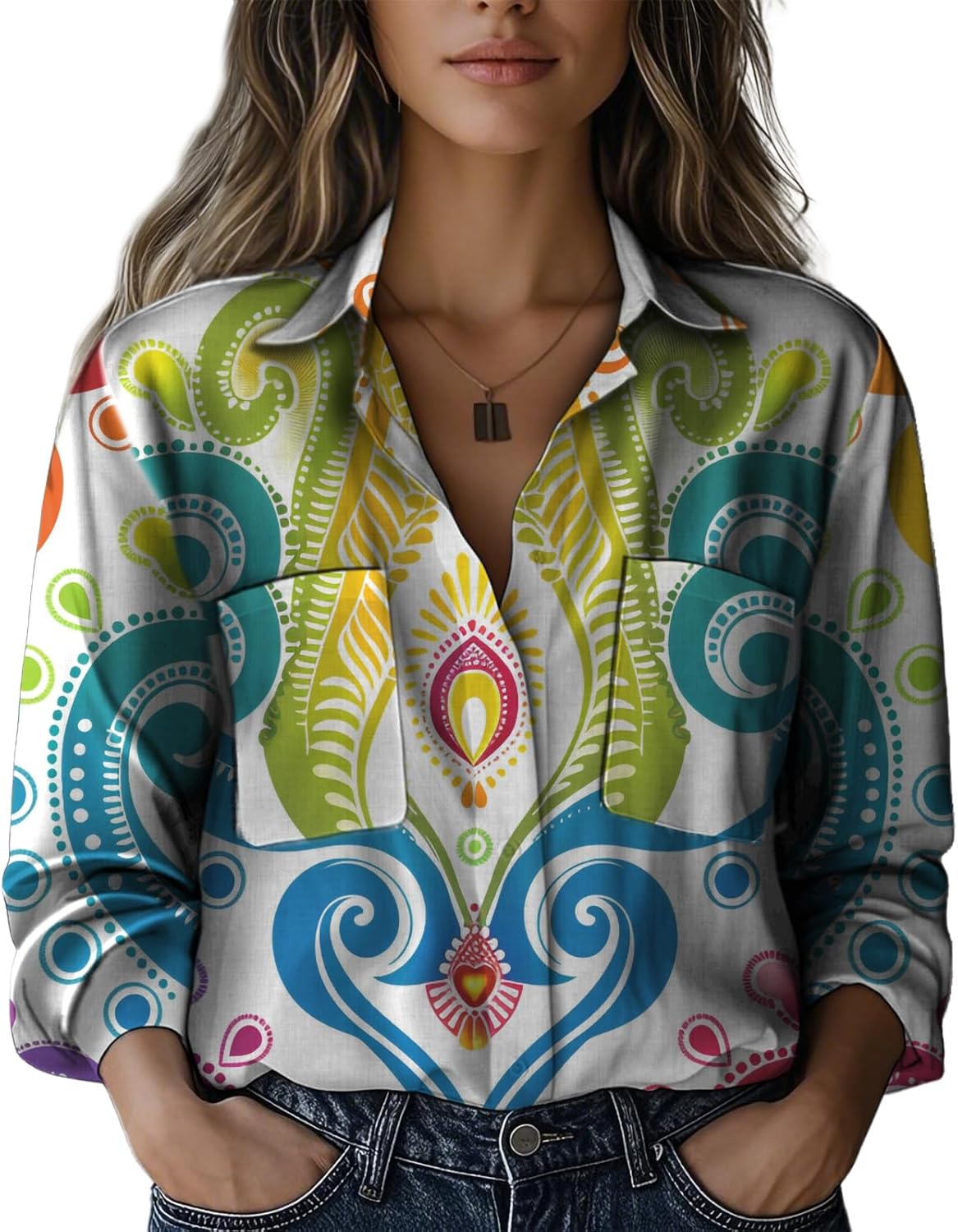 Long Sleeve Shirts for Women Casual Retro V Neck Baggy Dressy Gauze Office Work Beach Top with Pocket