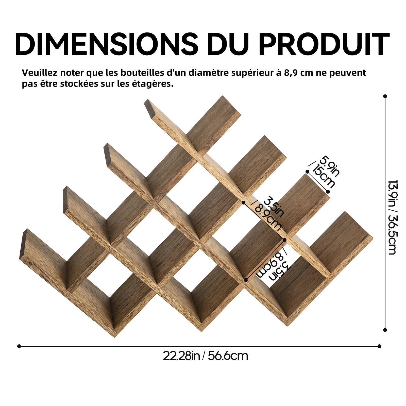KIRIGEN Casier à vin, Porte-Bouteilles 13 Places, 56,6×15×36,5 cm, Brun | Bois massif travaillé à la main, finition à l’huile-cire, 4 étagères, montage par vis, tournevis non fourni.