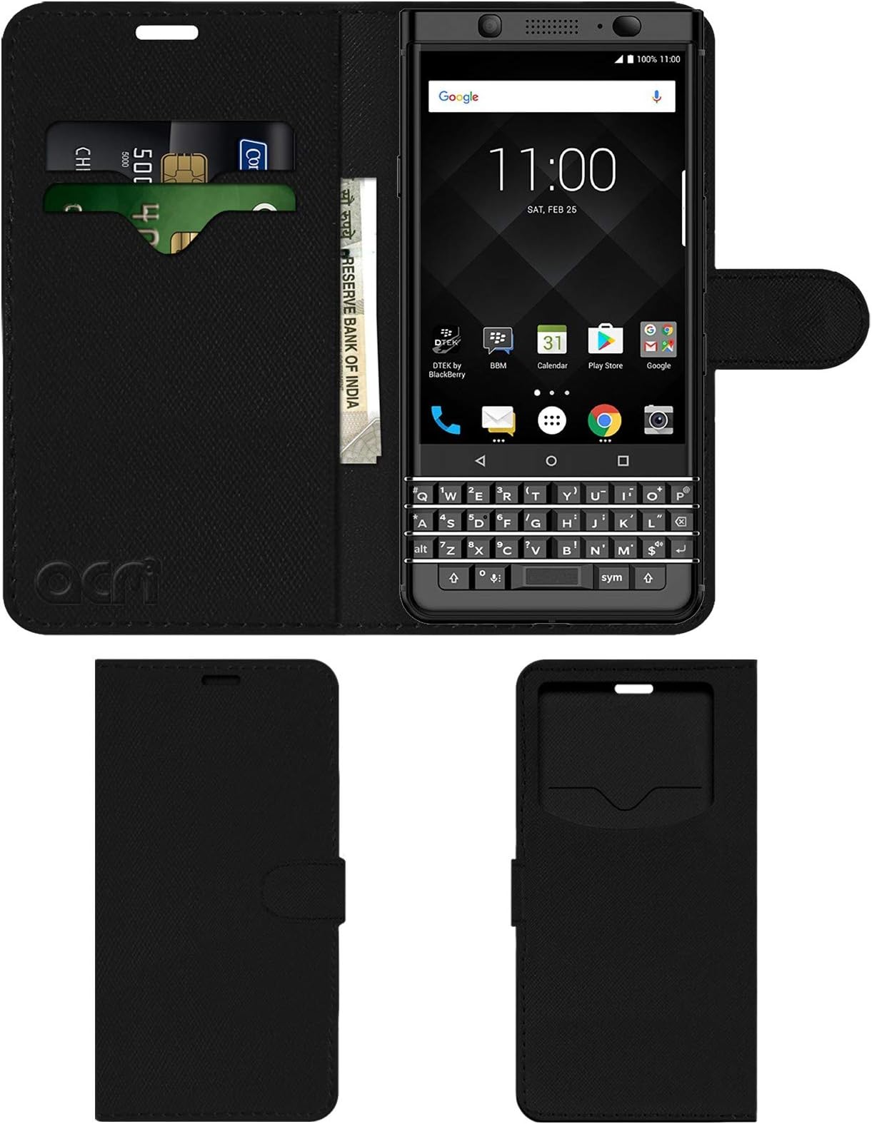 ACM Leather Window Flip Wallet Front & Back Case Compatible with BlackBerry Keyone Limited Edition Mobile Cover Black