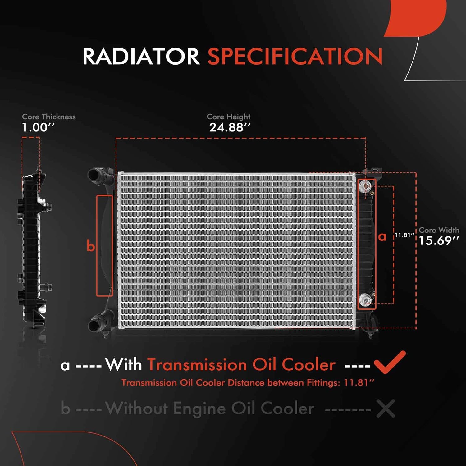 A-Premium Engine Coolant Radiator with Trans. Oil Cooler Compatible with Audi A4 2003-2008 1.8L, 2005-2008 2.0L, A4 Quattro 2003-2005 1.8L, 2005-2008 2.0L, Automatic Trans. Replace# 8E0121251C