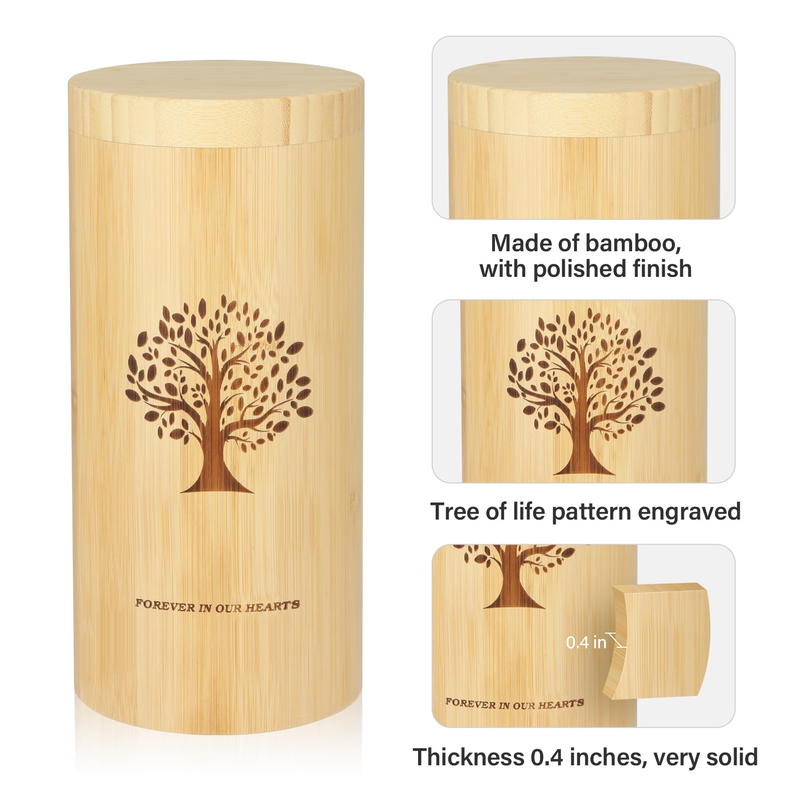 Urnas Grandes para Cenizas humanas con Tapa de Rosca, urnas de cremación de bambú para Cenizas Adultos,Urna para esparcir cenizas con patrón de árbol de la Vida,13*28cm,con bolsa con cordón