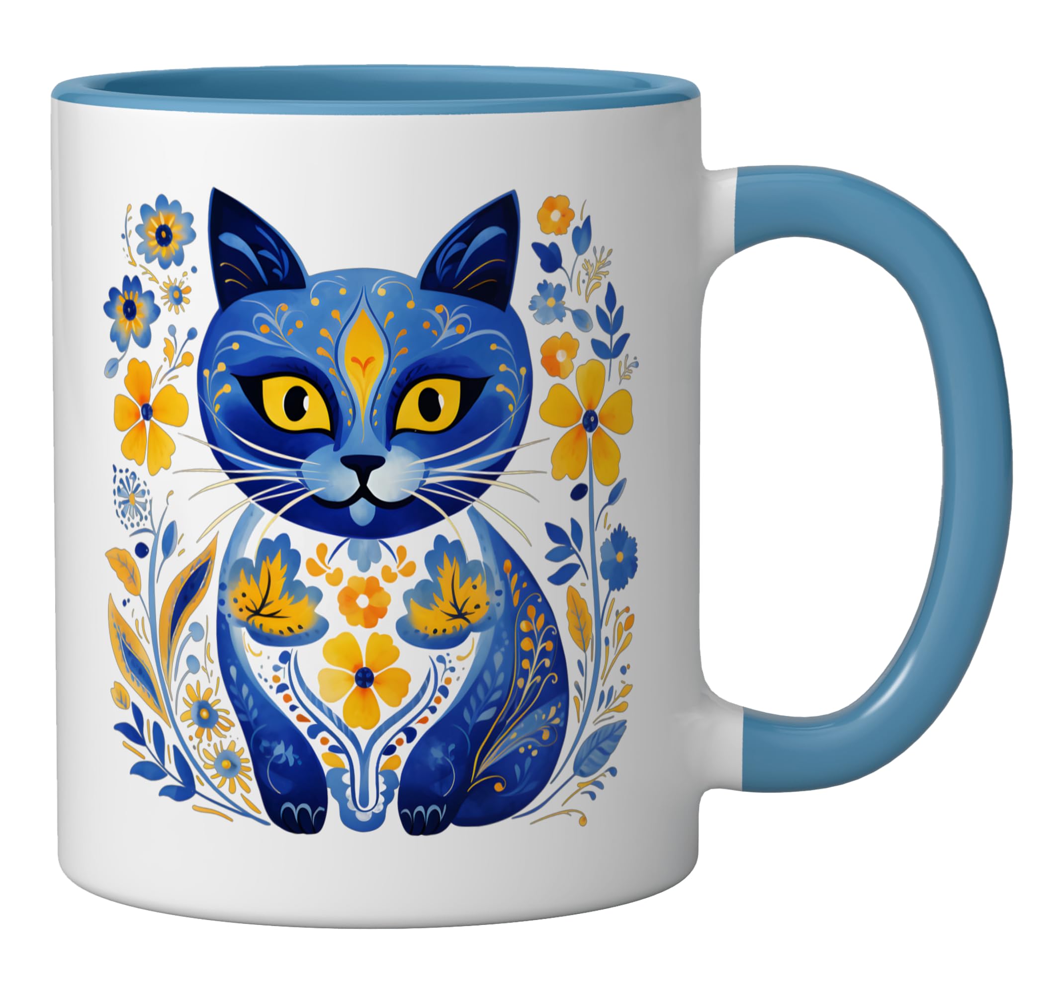 Ukraine Cat Floral Vintage Ukrainian Flag Vyshyvanka Style Ceramic Mug, Blue/White