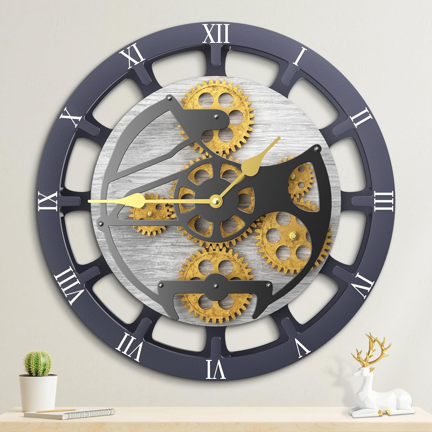 10" Original Moving Gears Wall Clock, Mantle Clock, Wood