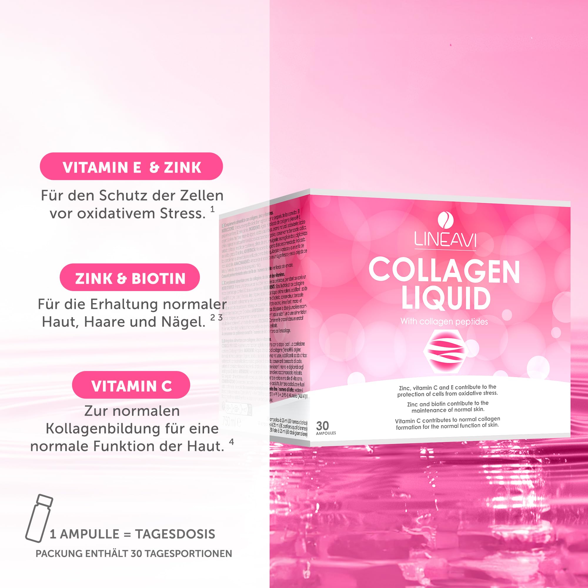 LINEAVI Kollagen Liquid, Trink-Kollagen, mit Kollagen-Peptiden, Acerola, Zink, Vitamin C, Vitamin E, Biotin, unterstützt Haut, Haare und Nägel, in Deutschland hergestellt, 2x30 Trinkampullen