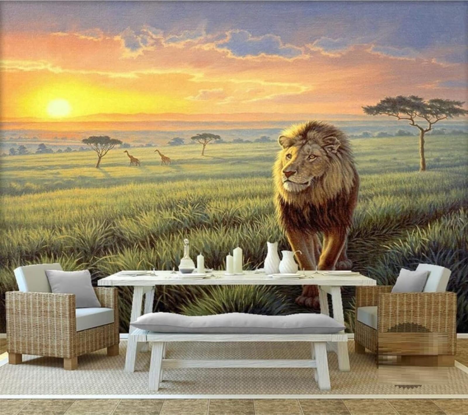 Tzxztt 200Cm×140Cm(B×H) Elegant Sunset Lions Grassland Giraffes Modern 3D Wallpaper Premium Textured Silk Neutral Tones Material Ideal For Living Room Bedroom-200Cm×140Cm
