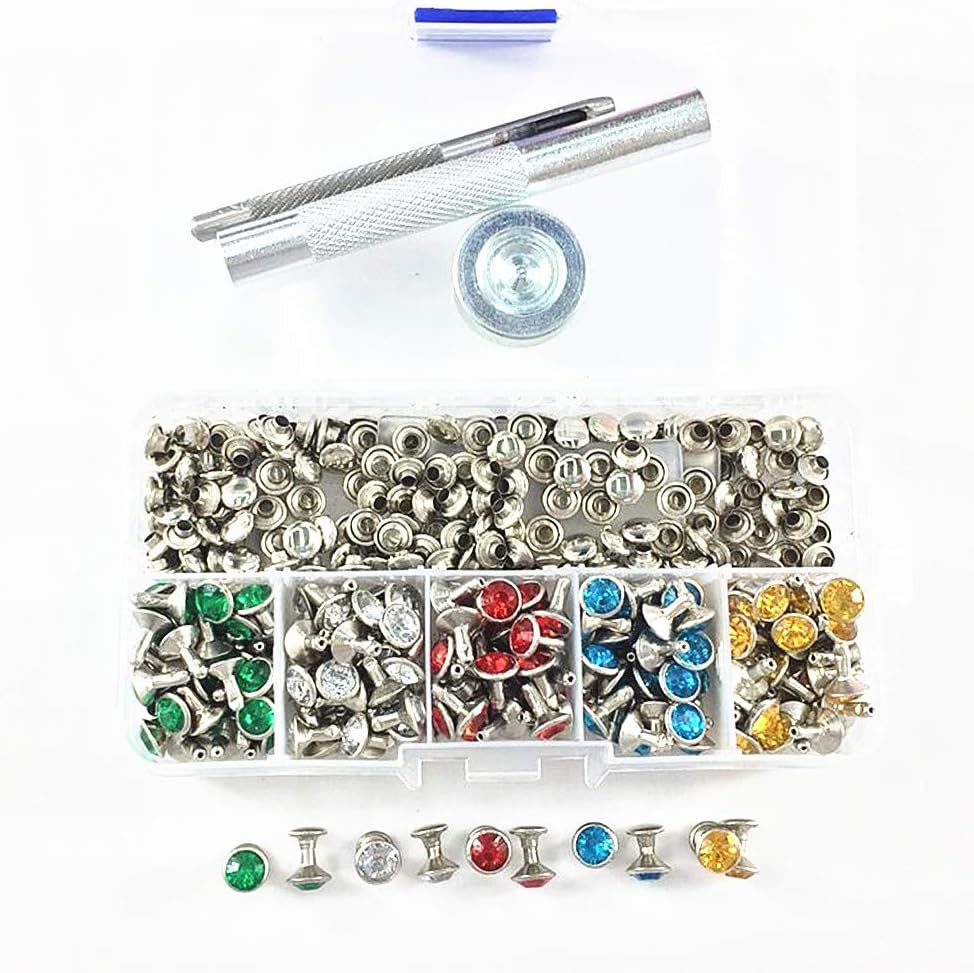 200 Sets 5 Colors Double-Sided Rhinestone Studs Punk Diamond Spikes Rivetsfor Leather/Belt/Handbag Leather Decoration with Fixing Tool (Mixed Color)