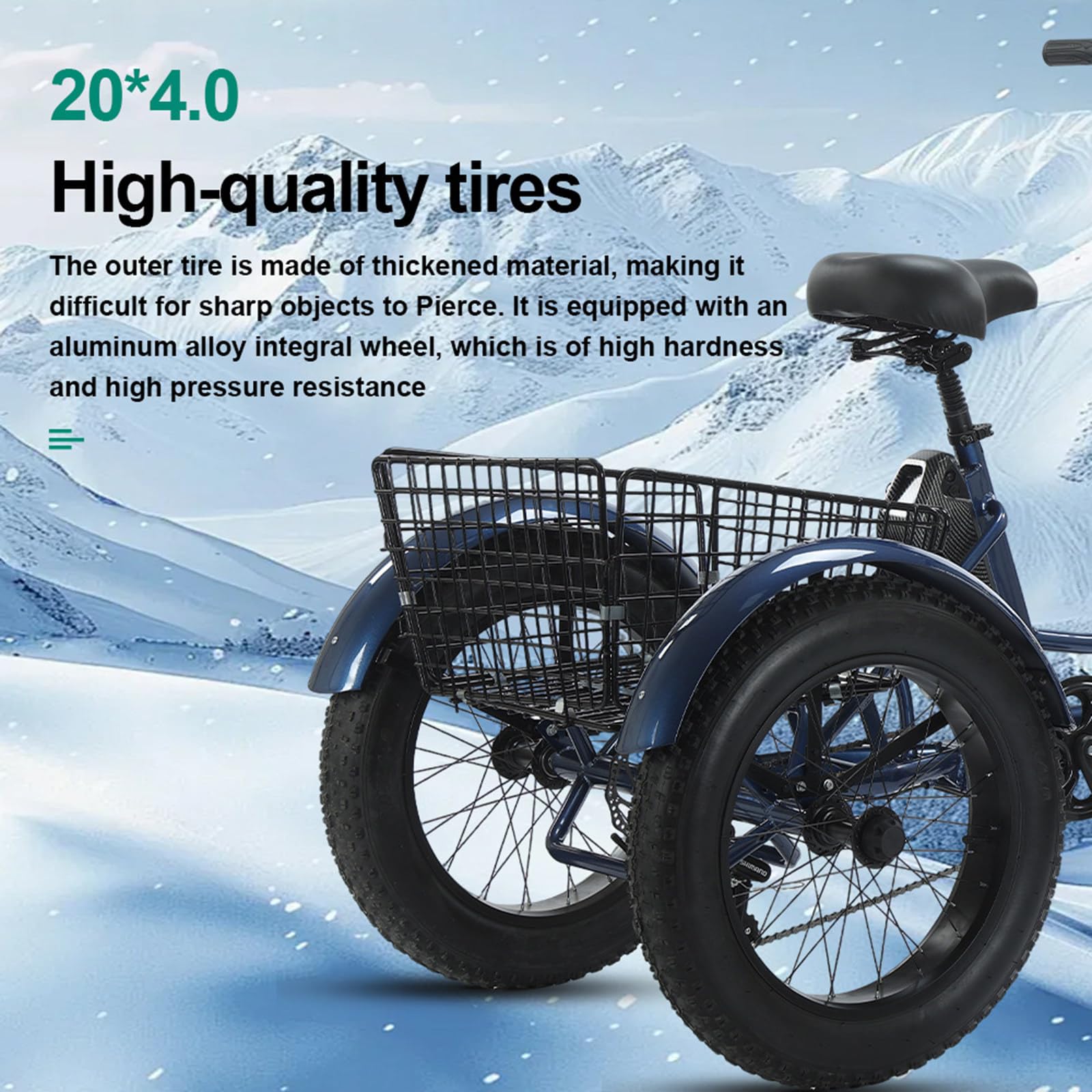 Triciclo elettrico per anziani, bici da neve con pneumatici larghi da 20'' a 7 velocità, cestini anteriori e posteriori, doppi freni a disco, display LCD, autonomia di 35 km, carico massimo