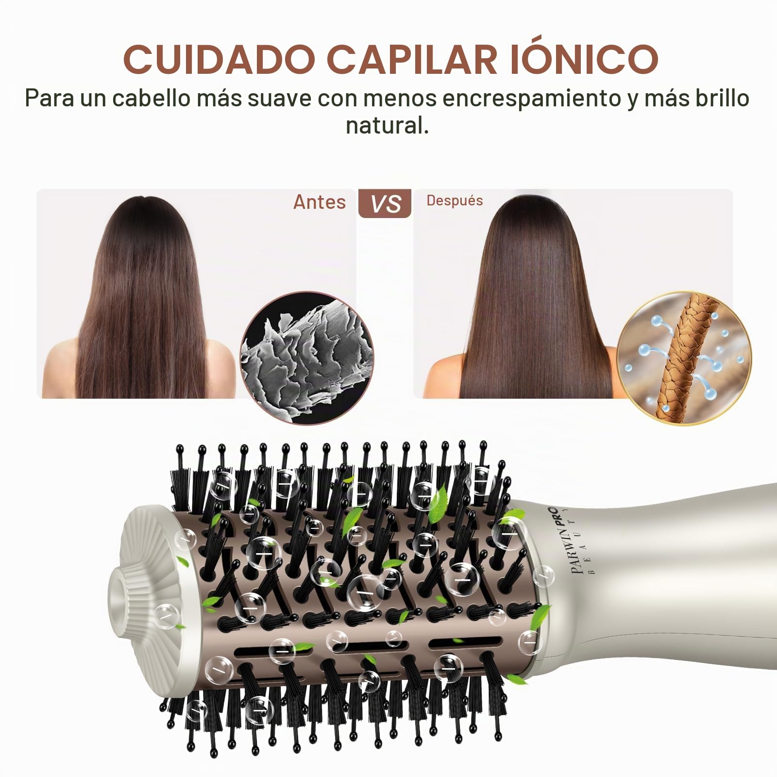 Mini cepillo de aire caliente de viaje, PARWIN PRO BEAUTY cepillo ovalado con doble voltaje automático 110–240 V, sin cambio manual, tecnología iónica, 3 temperaturas, enchufe UE y adaptador US