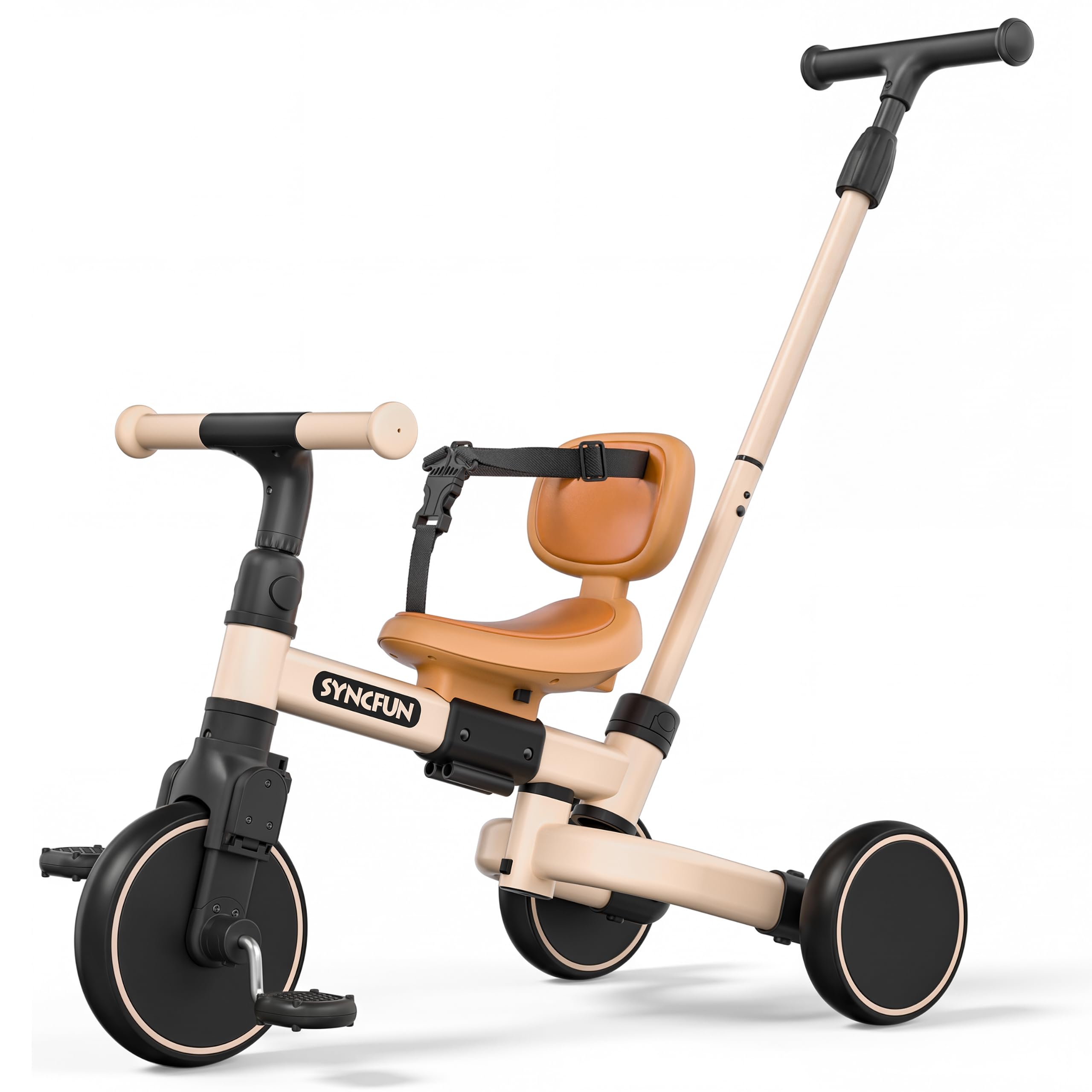 SYNCFUN 5-in-1 Toddler Tricycle for 1-5 Year Old Boys & Girls, Baby Bike with Parent Push Handle, Balance Bike, Toddler Bike & Pedal Trike, Adjustable Seat & Handlebar(Khaki)
