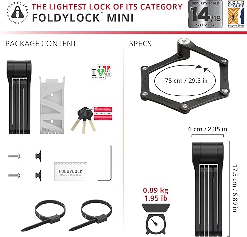 Miniatura 5 de Seatylock FoldyLock - Mini candado plegable para bicicleta, patentado y ligero, protector antirrobo con llave para scooter eléctrico y bicicletas de