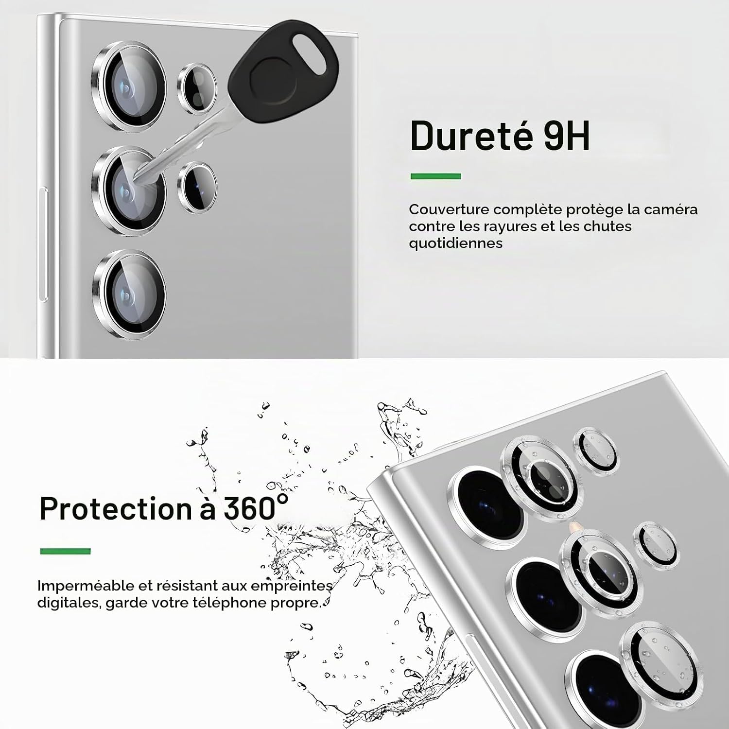 Coiwxmoi Ochraniacz na obiektyw aparatu do Samsung Galaxy S23 Ultra 5G, szkło hartowane 9H, HD przezroczyste odporne na zarysowania, aluminiowy ochraniacz na aparat 3D, srebrny