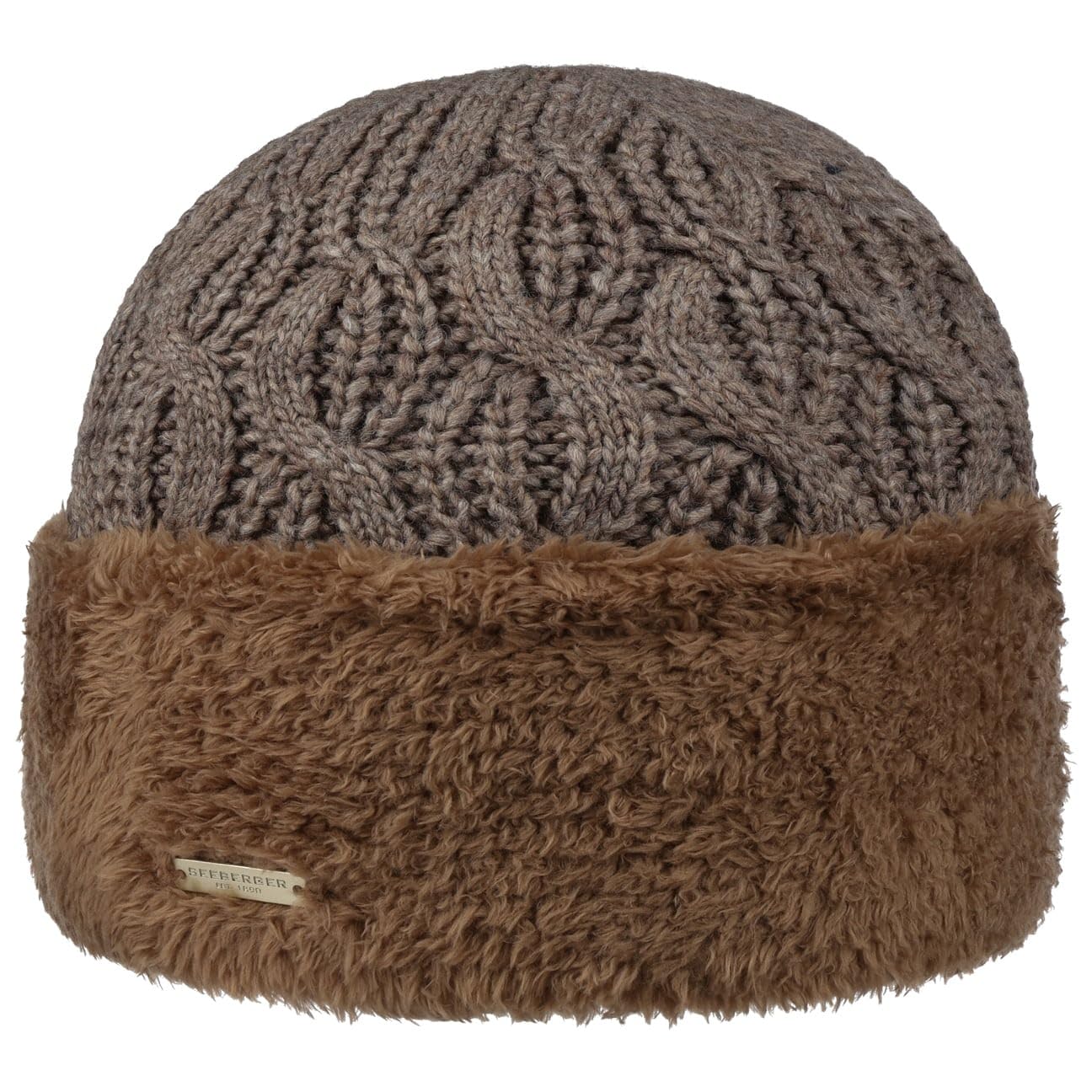Seeberger Women's Taupe Faux Fur Cuff Knitted Beanie Hat With Envelope, Lining Autumn Winter Winter, One Size