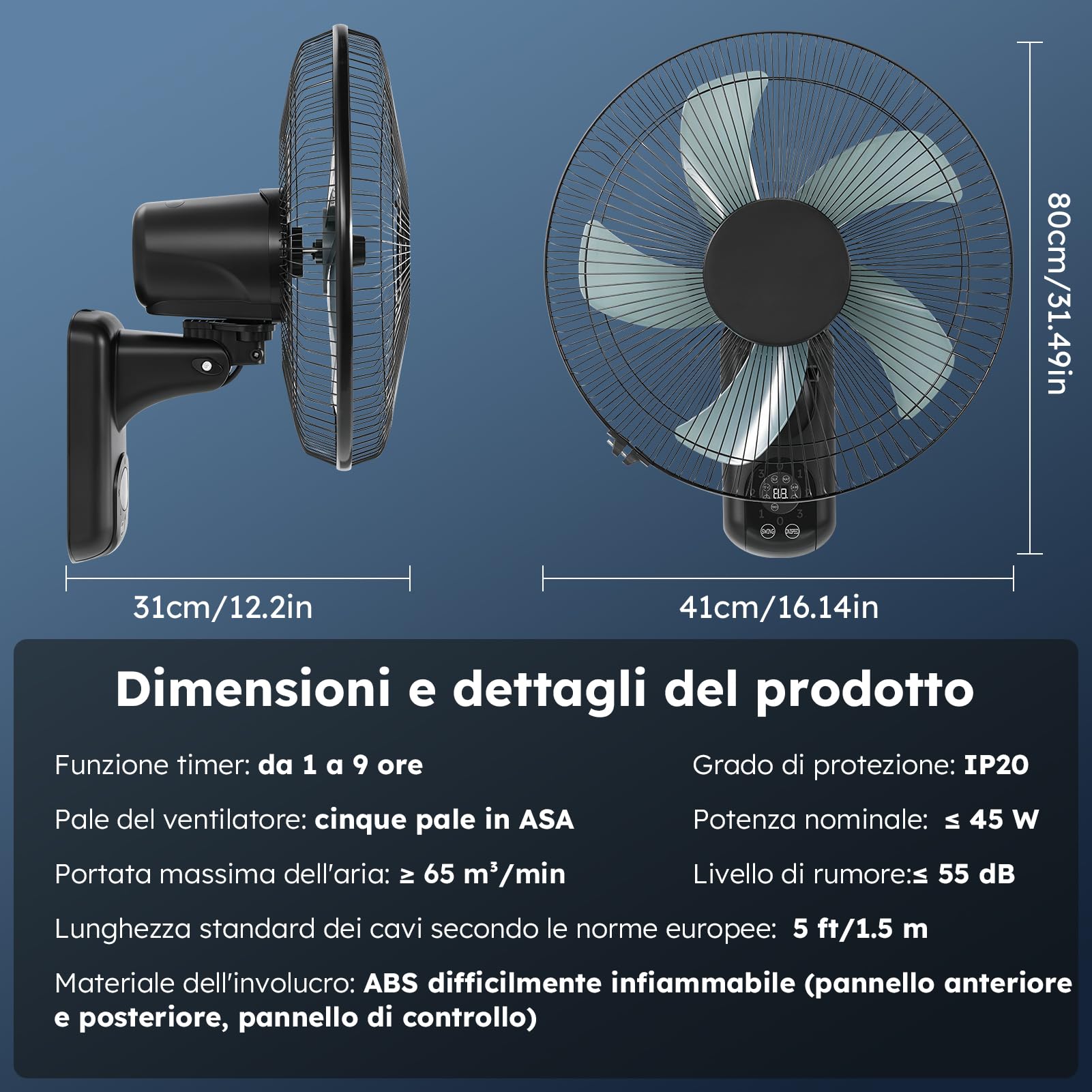Ventilatore da Parete con Telecomando, Ventilatore a Parete da Ø 40 cm, con 3 Velocità, Oscillazione a 90° e Timer, Silenzioso < 28 dl, per Camera da Letto, Ufficio, Soggiorno