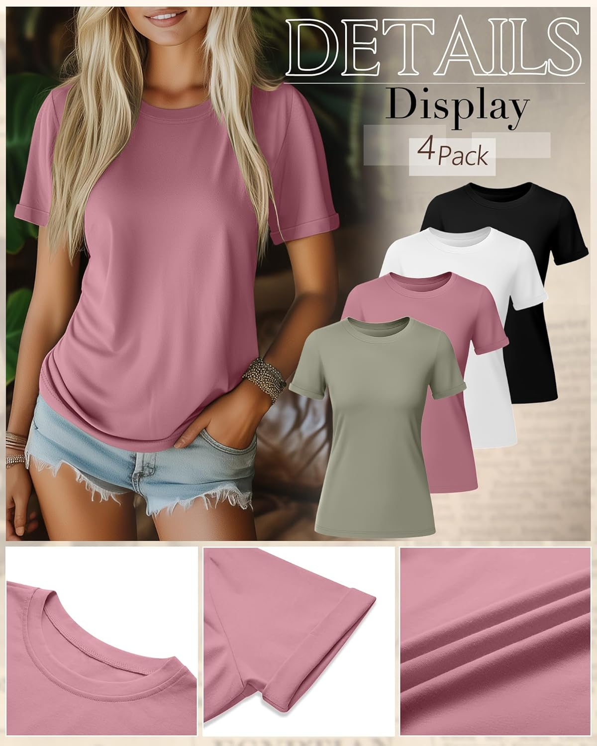 Ficerd 4 Pack Women's Cotton T Shirts Casual Short Sleeve Tunic Tops Crewneck Plain Summer Loose Fit Rolled Sleeve Basic Tee - Image 6